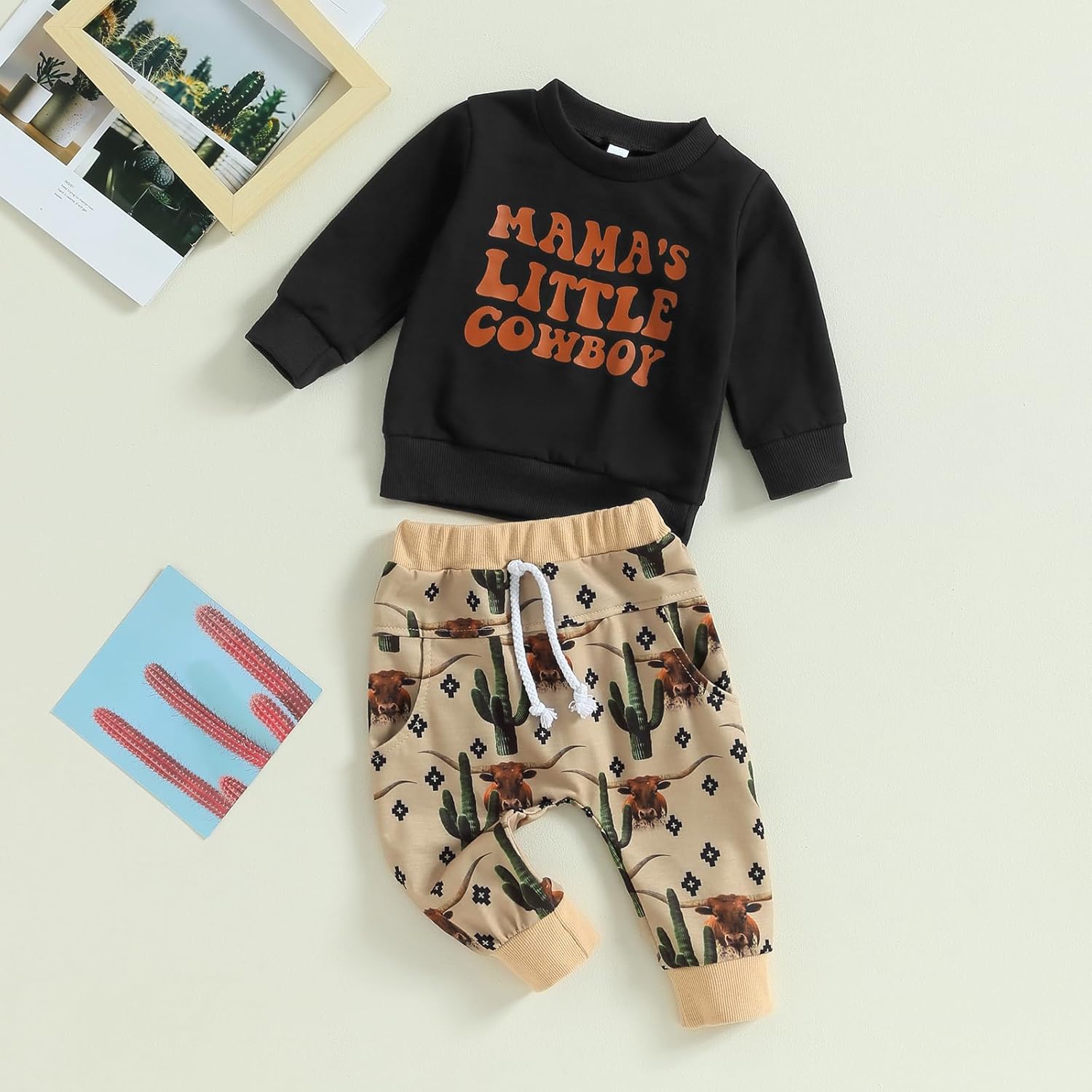 SAYOO Western Baby Boy Clothes Cow Print Sweatshirt Pullover Top Jogger Pants 2Pcs Toddler Boy Cowboy Fall Winter Outfits - Image 2