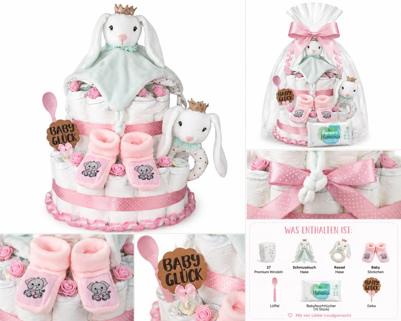 Handgefertigte Windeltorte Mädchen - Baby Geschenk zur Geburt & Babyparty mit Schmusetuch, Babyrassel, Booties & Deko
