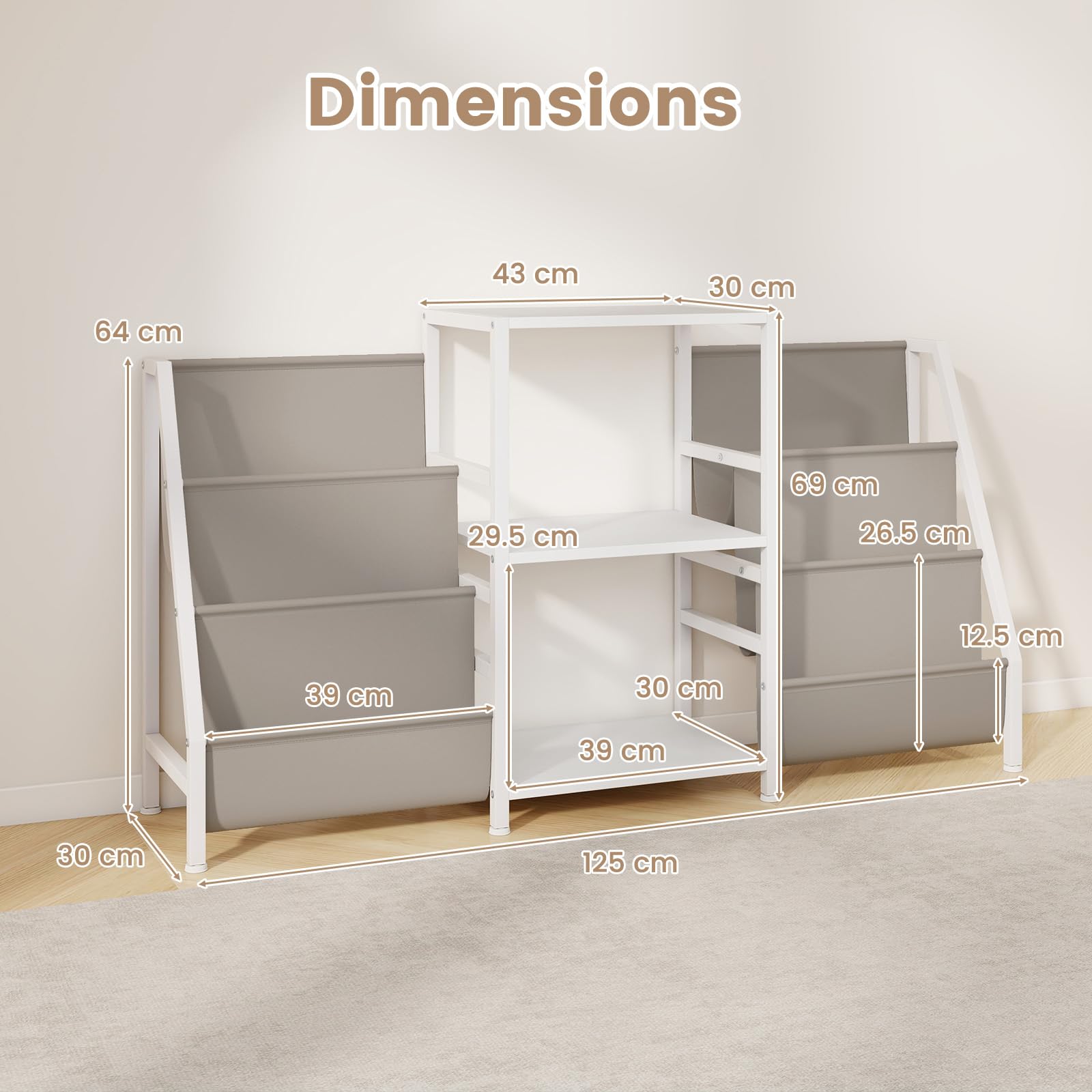 GIANTEX Soporte para Tocadiscos con 3 Estantes Abiertos y 6 Bolsillos de Almacenamiento, Combinación Flexible, Estantería para Discos de Vinilo, 125x30x69cm, Mueble para Salón, Dormitorio (Blanco)