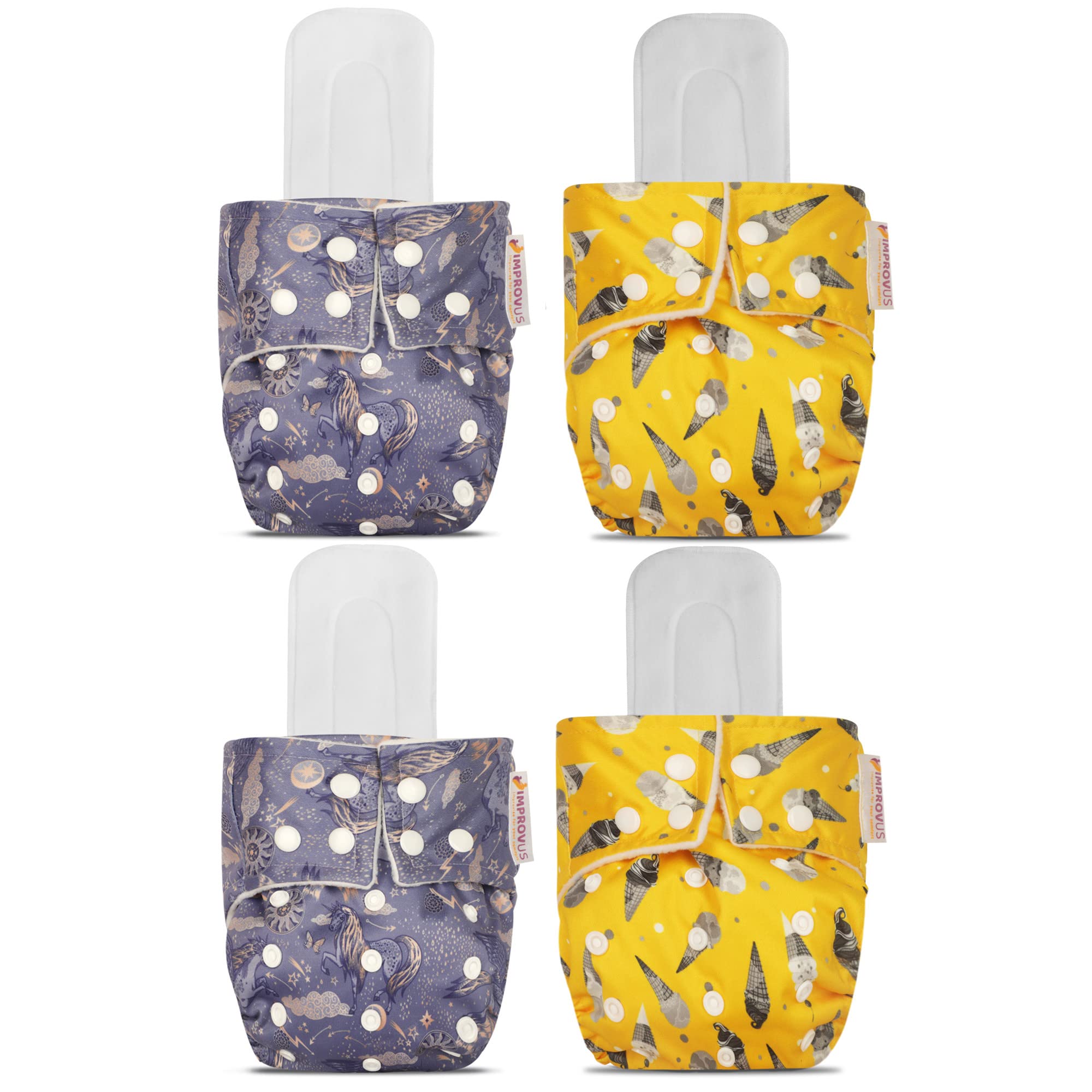 IMPROVUS 100% Cloth Diapers for Babies (0 - 3 Years), Reusable, Washable & Adjustable Nappies Snap Buttons and Wet-Free Insert Pads (Purple & Yellow MC pack of 4 cloth diaper and 3 insert pads)