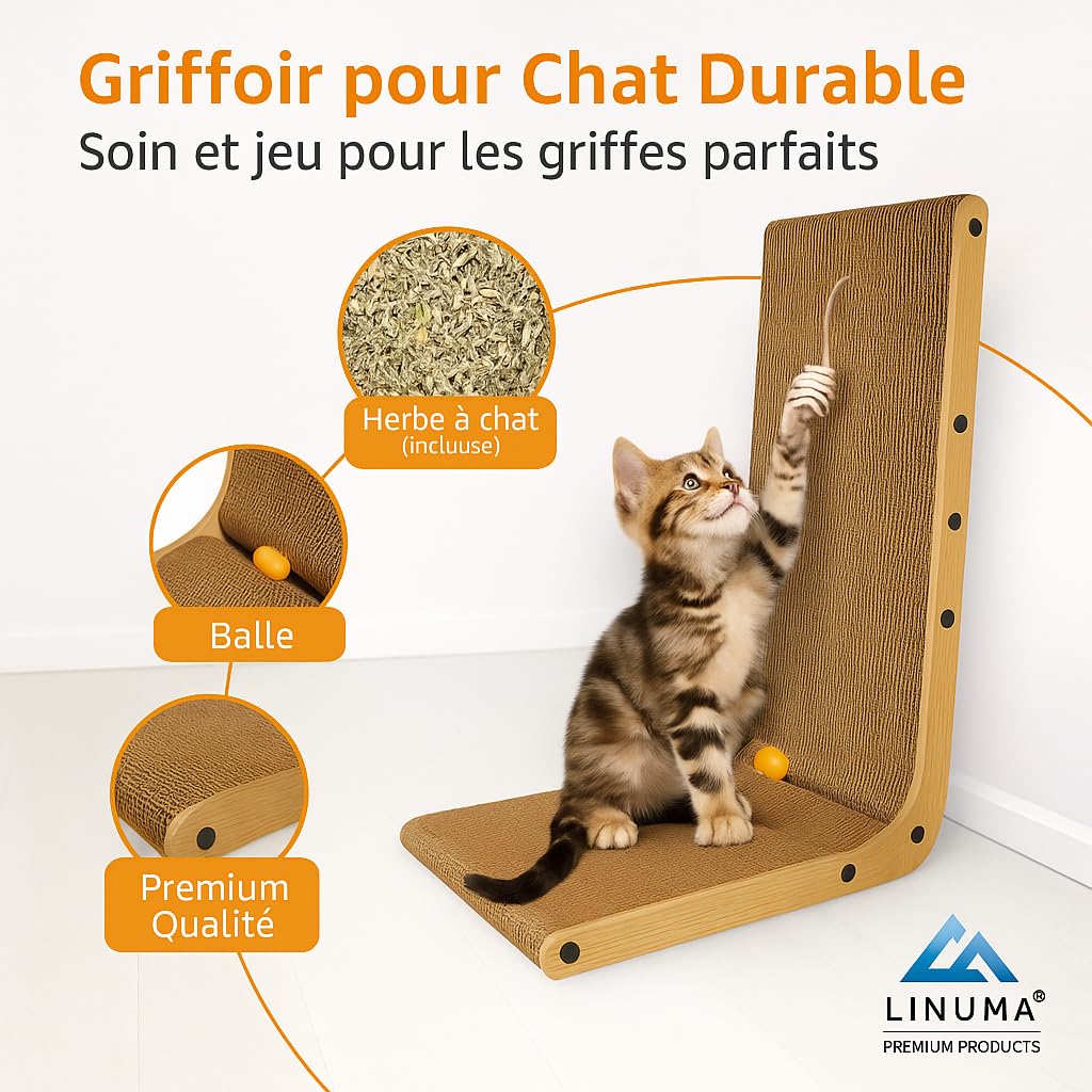 Griffoir en Forme de L pour Chats 68 cm – Meuble à gratter en Carton ondulé – Compact & Durable pour intérieur