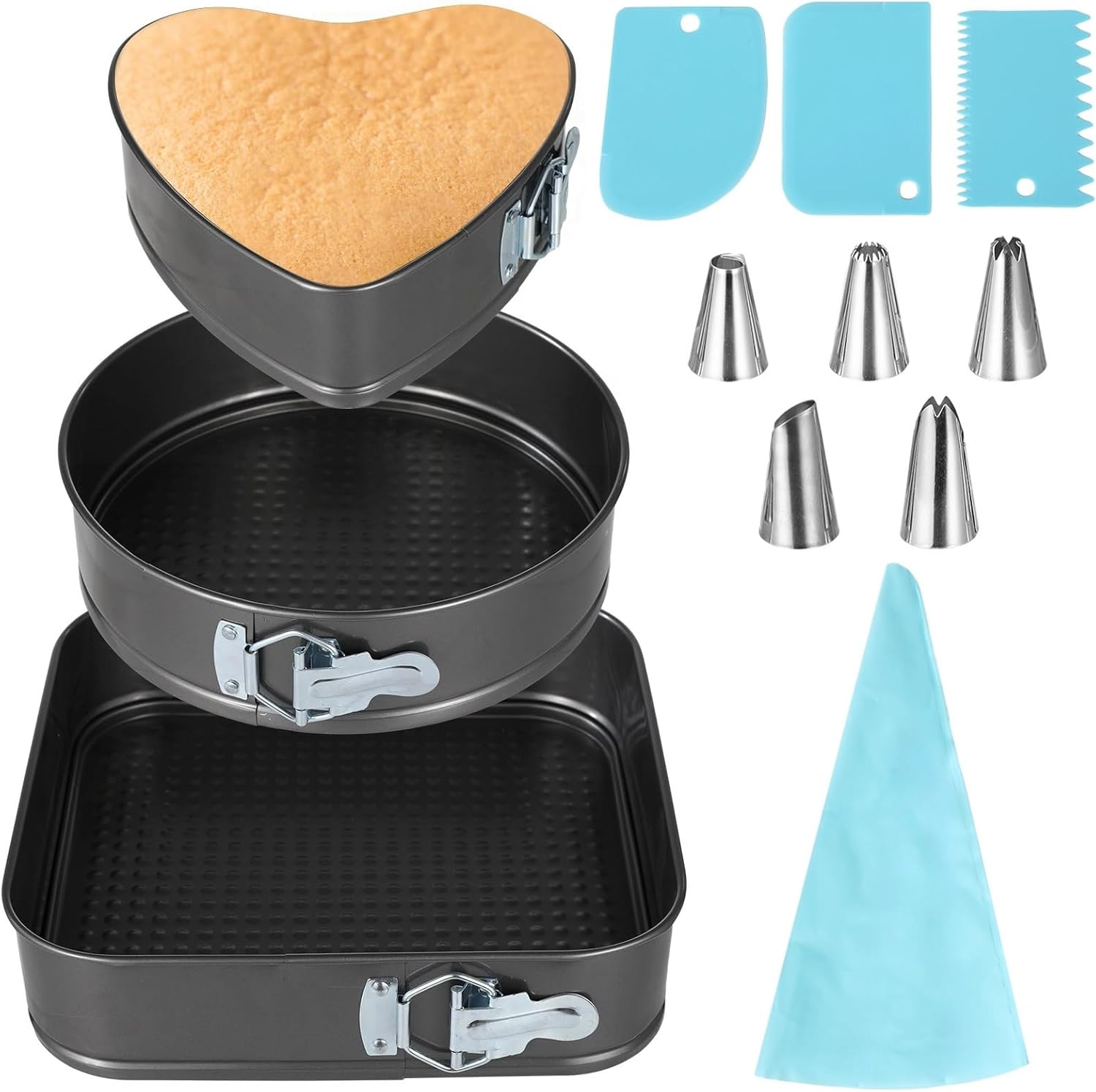 Piping Bag Nozzles Scrapers with 3 Pcs Springform Cake Pans Set, Leakproof, Non-Stick Cheese Cake Pans, Including Heart Round Square Shape for Baker & Baking Enthusiast