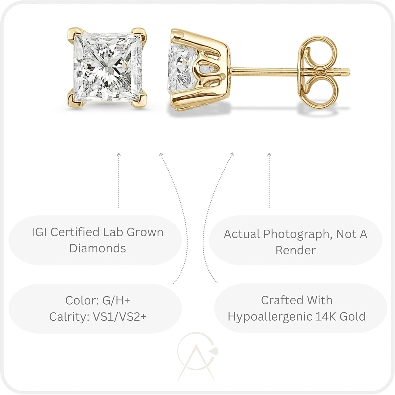 IGI Certified 1/2 to 4 Carat White Blue or Pink Lab Grown Diamond Stud Earrings for Women 14K White or Yellow Gold (G-H/D-E-F, VS1-VS2, cttw) Princess Cut Diamond Push Back Studs