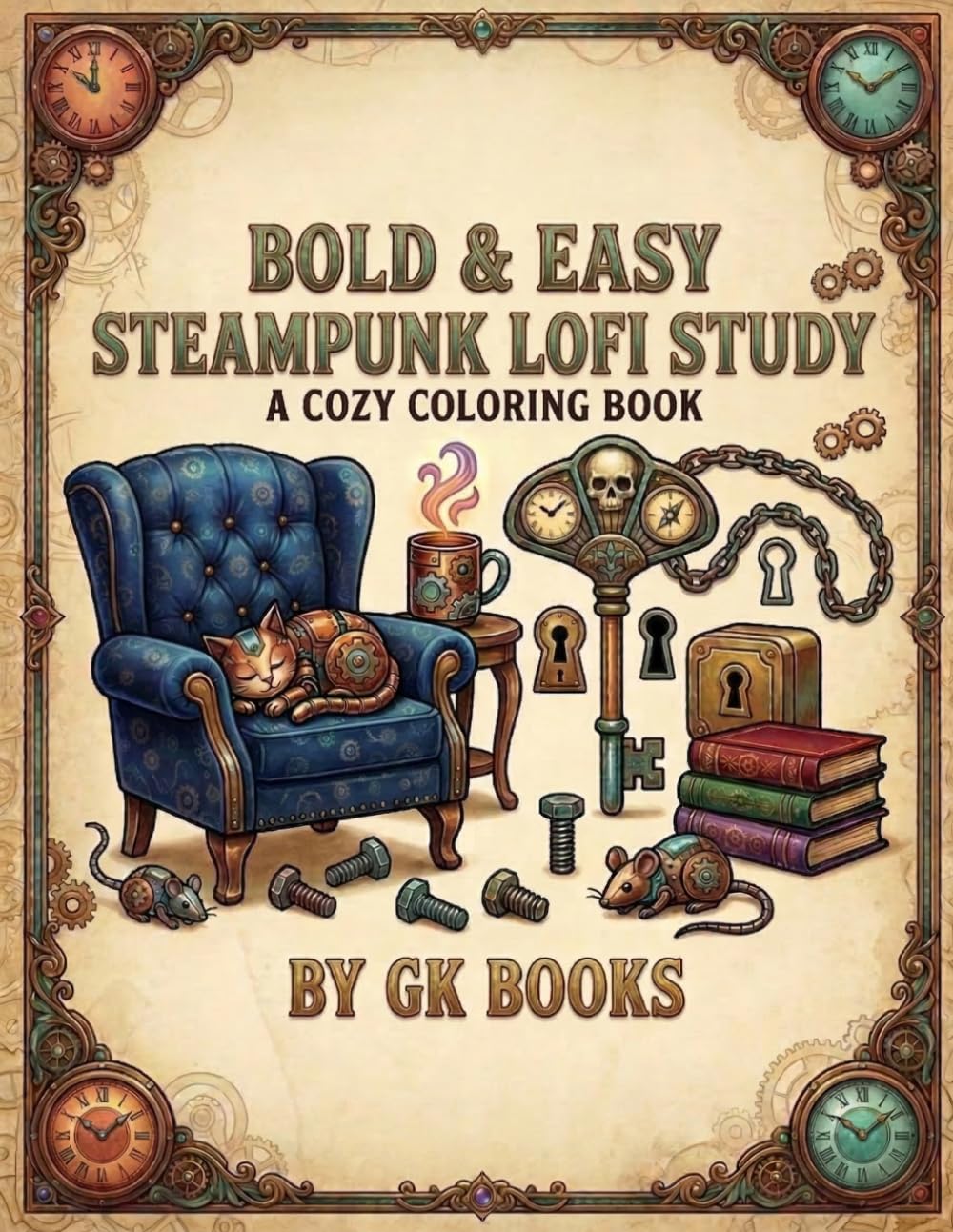 Bold and Easy Steampunk Lofi Studt: A Cozy Coloring Book: Minimalist Clockwork, Simple Mechanical Gadgets, and Relatable Cozy Moments for Anxiety Relief and Mindfulness