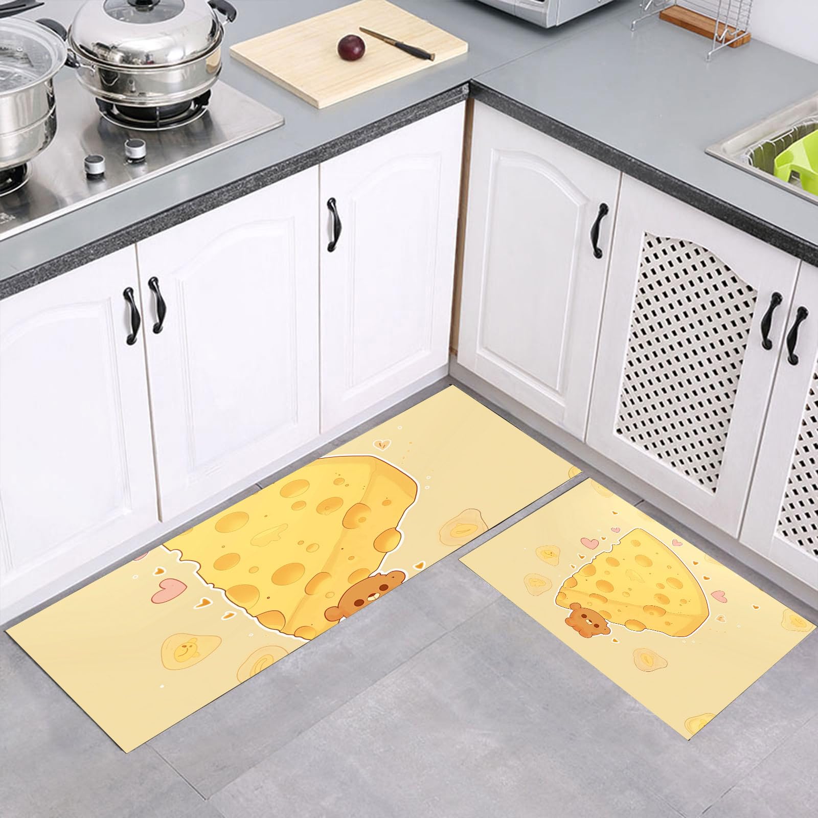Tapis de cuisine antidérapant et absorbant lavable en machine, duo jaune design mignon