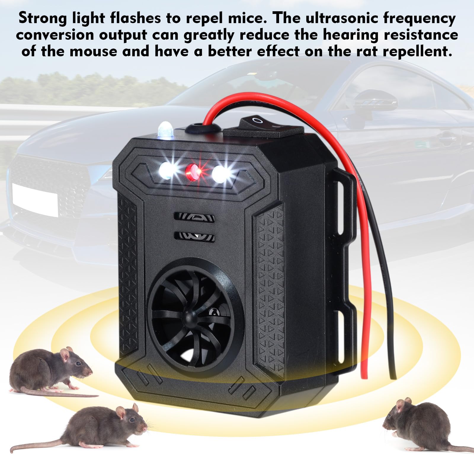 Lot de 4 répulsifs anti-rongeurs sous le capot avec lumière stroboscopique et 3 méthodes d'alimentation, répulsif professionnel à ultrasons pour souris, rats, écureuils, pour voiture, camion