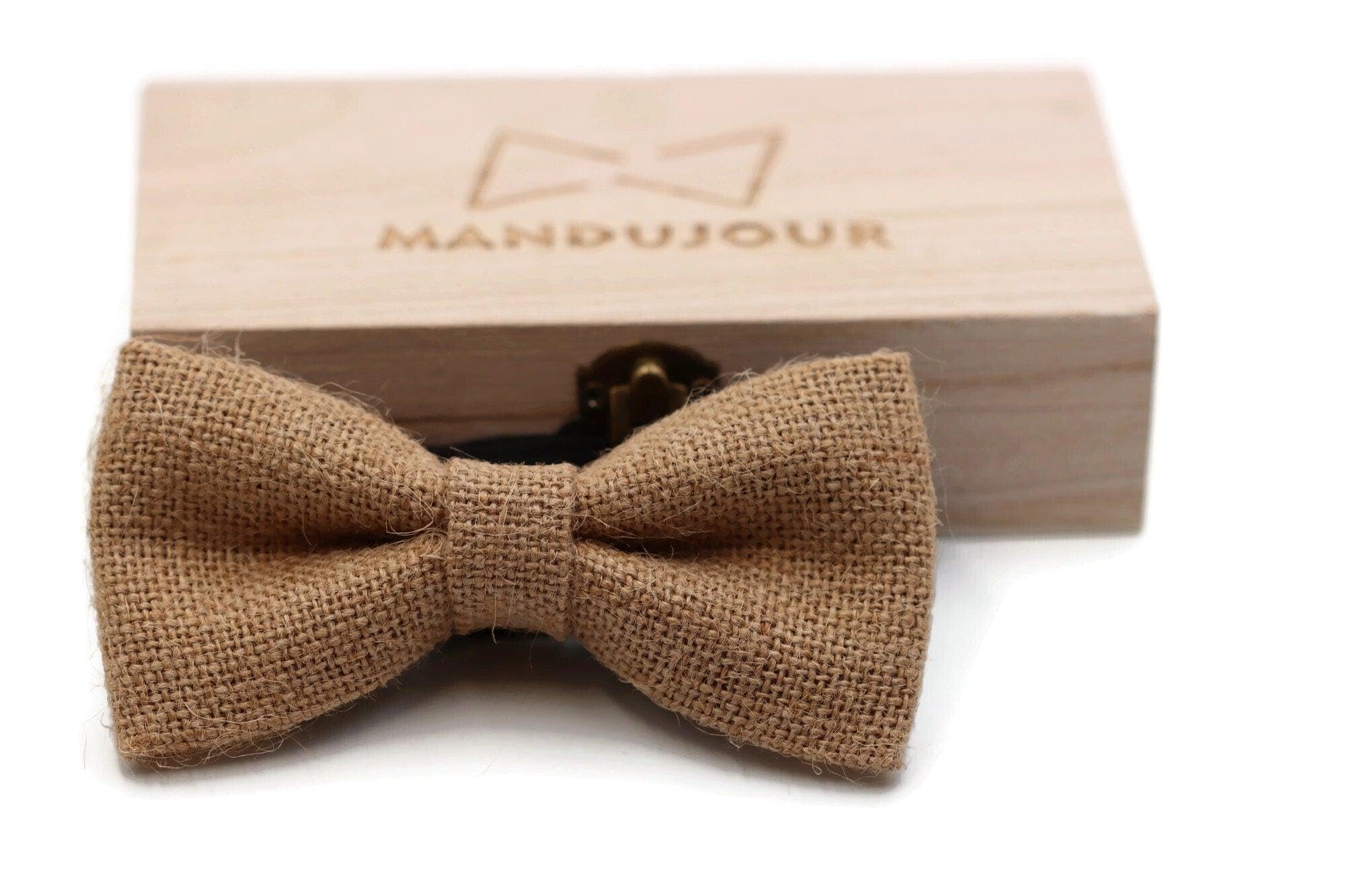 Handcrafted Natural Jute Burlap Bow Tie - Rustic Wedding Groomsmen Gift for Men by Mandujour
