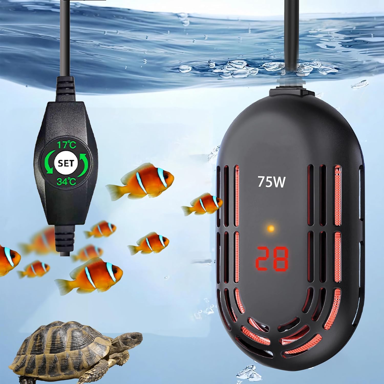 温度調整ヒーター 赤/銀 Amazon | 水槽ヒーター 小型水槽用ヒーター 75W 17度～34度温度調節