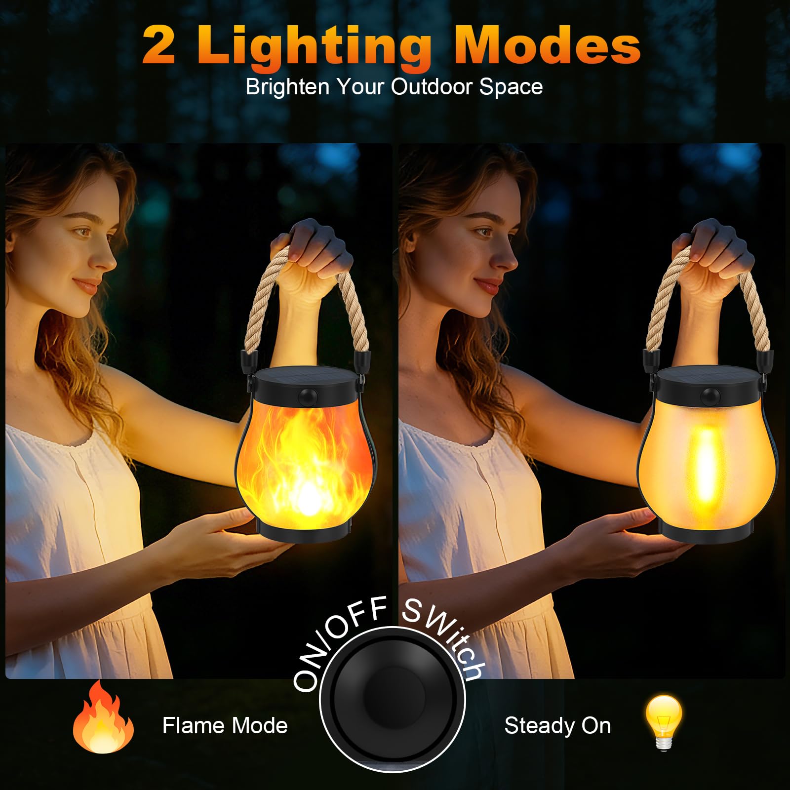 Faroles solares para exteriores, paquete de 2 con luces de llama ultra reales, carga dual (USB/solar), 2 modos y diseño impermeable al aire libre, luces decorativas para colgar/mesa para patio