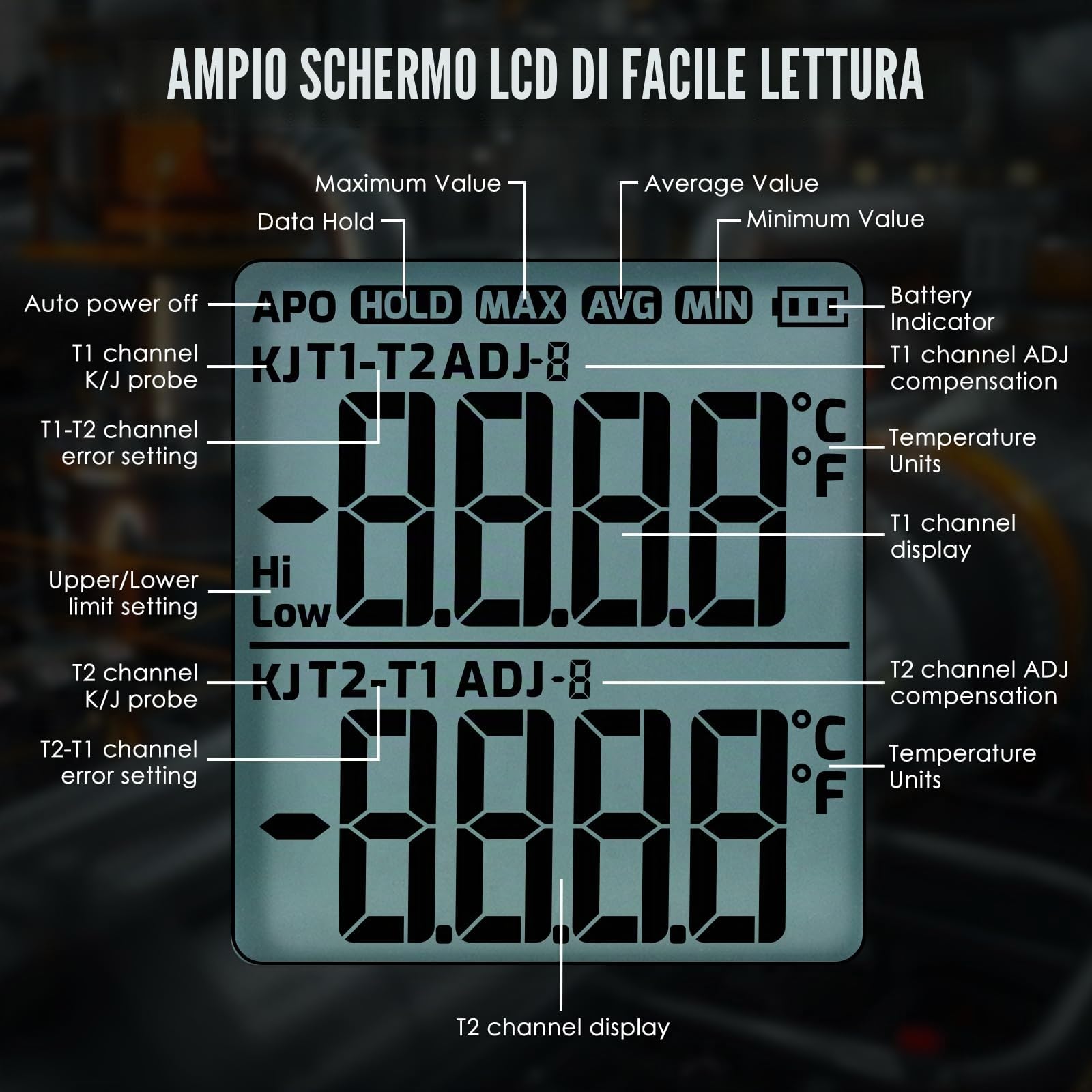 Termómetro K/J de doble canal con 4 sondas y 2 abrazaderas para tubos: de -200 °C a 1372 °C (de -328 °F a 2501 °F), alarma y retroiluminación. Ideal para herramientas de climatización (HVAC).