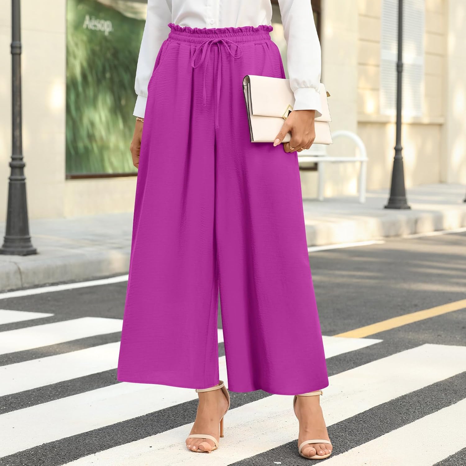 Bestbee Womens Plus Size Palazzo Pants Dressy Casual Wide Leg Gaucho Pant Business Flowy Slacks Elastic Waist with Pockets, 3XL, Dragon-Fruit Color - Image 2