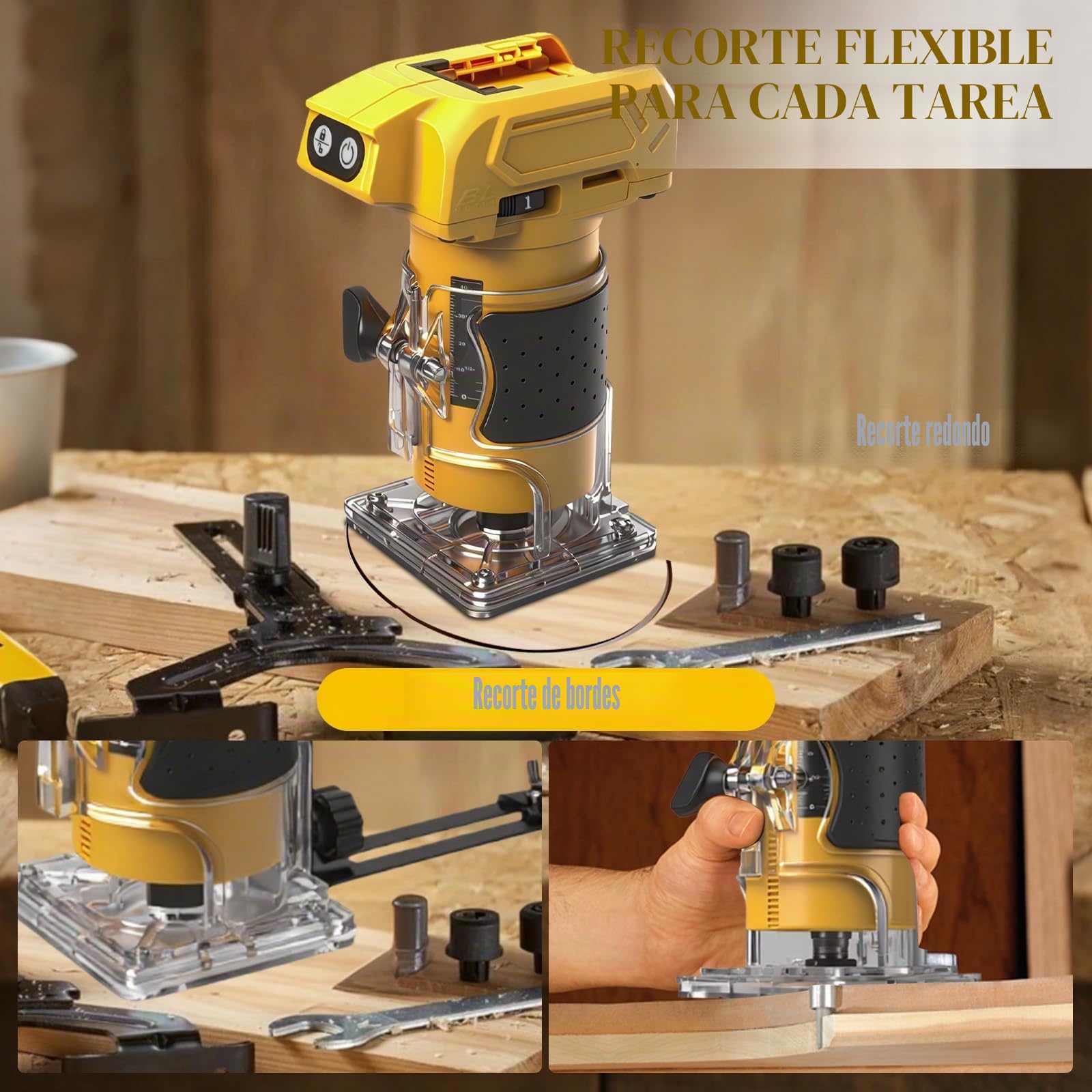 Fresadora Inalámbrica 5 Velocidades para Dewalt 20V (sin Batería) | 800W, Recortadora de Madera sin Escobillas, 10000–30000 rpm, Guía Recta, 15 Brocas, Router Manual