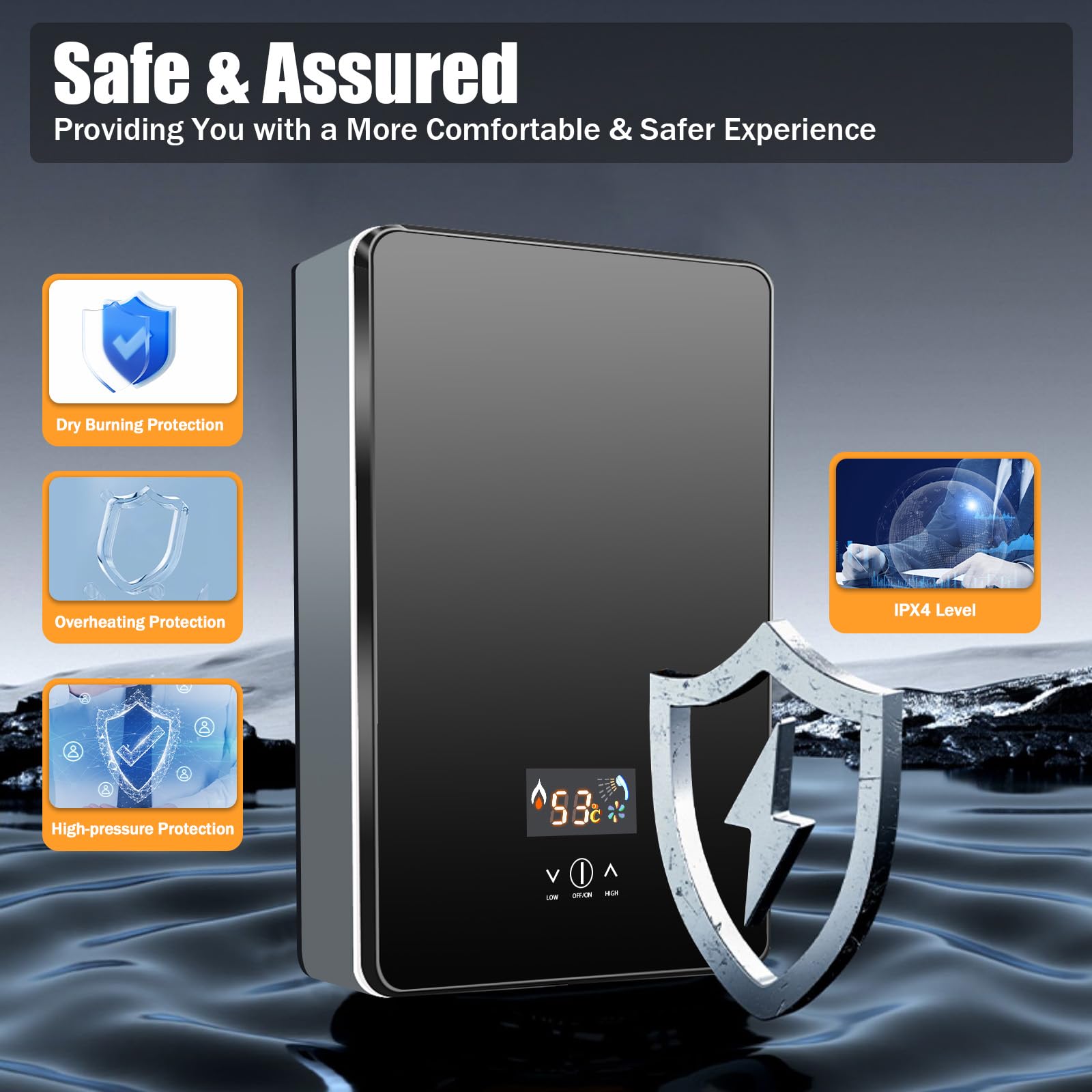 Scaldacqua istantaneo elettronico, display LED digitale della temperatura, scaldabagno istantaneo per cucina, bagno e casa, 220V 6500W (nero)