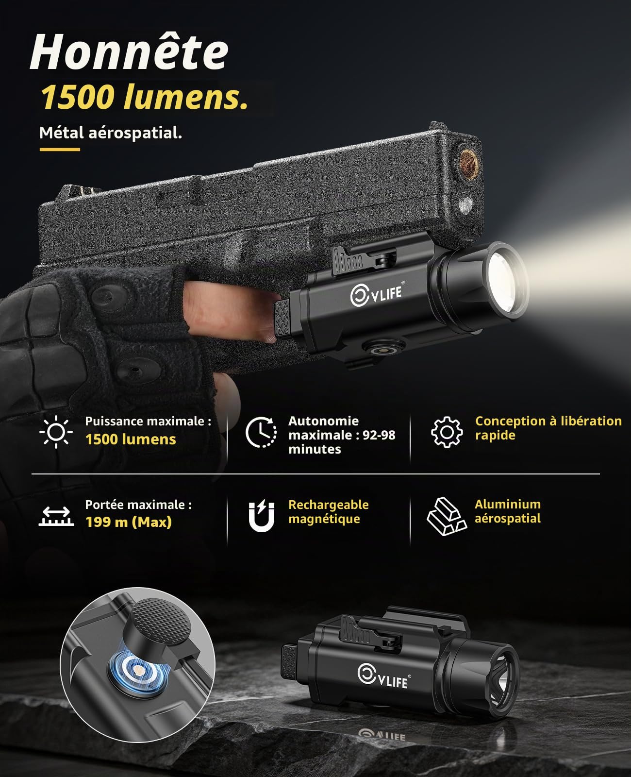 CVLIFE Picatinny Lampe de poche magnétique rechargeable pour pistolet avec rail réglable rapide et fonction stroboscopique 1500 lumens
