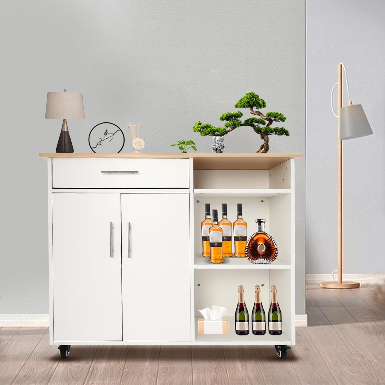 36.4In Mobile Kitchen Island Cart,Kitchen Island with Storage on Wheels Utility Cart Storage Trolley,Rolling Trolley Carts with Drawer for Small Spaces Island Table (White)