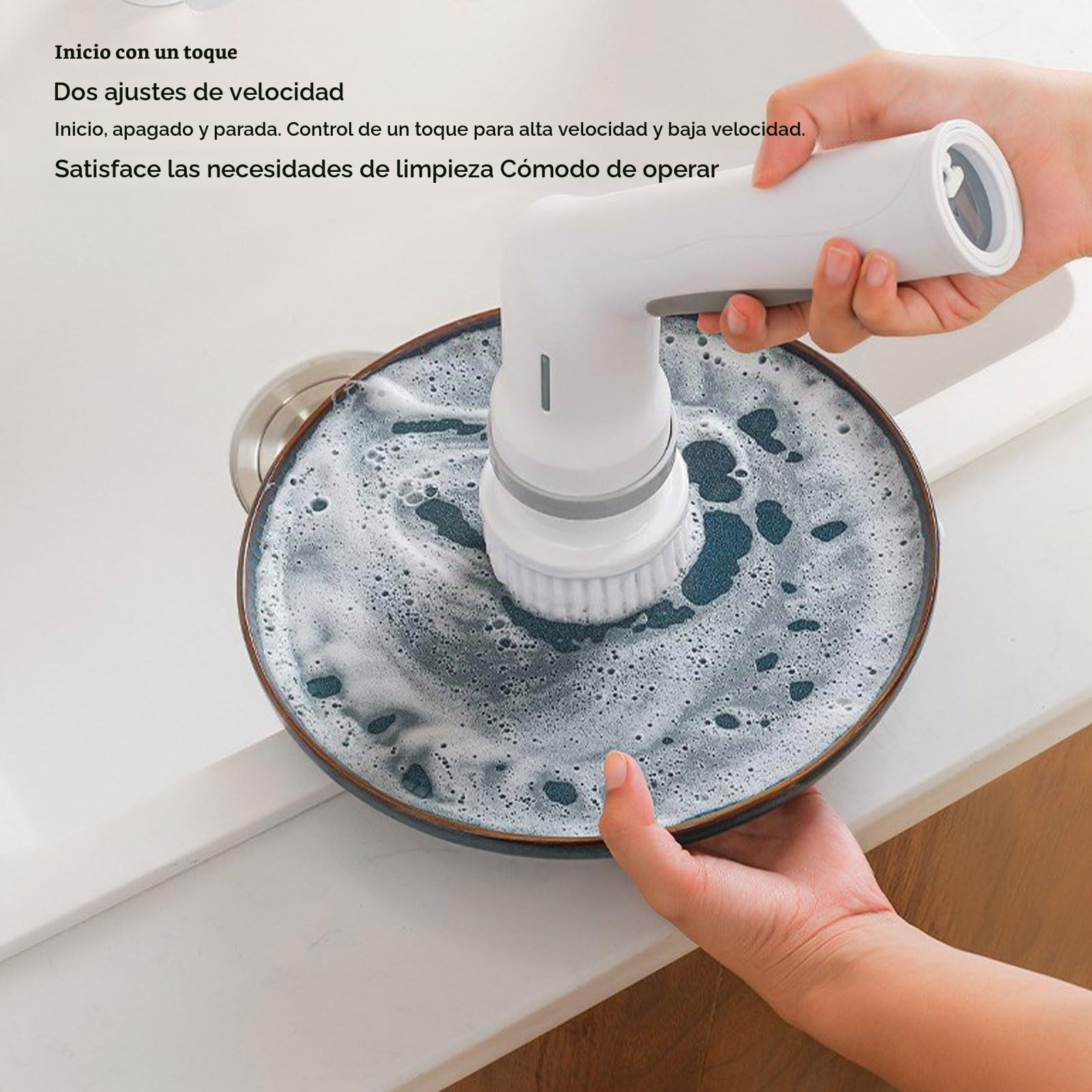 Cepillo de Limpieza Eléctrico Giratorio, 3 Cabezales de Cepillo, 1 Cabezal de Esponja, Mango Largo, IPX65 Resistente al Agua