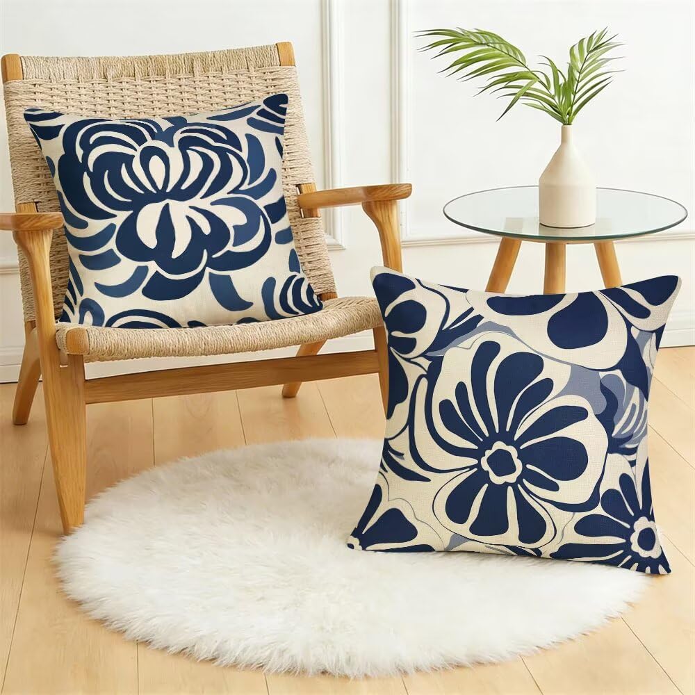 Federe Cuscini da Esterno Impermeabili 65x65 Blu Navy Copri Cuscini per Divano Fiori Federa Cuscino Astratto Decorativi Copricuscini per Divano Giardino Patio Soggiorno Copricuscino Set di 2 (IU367)