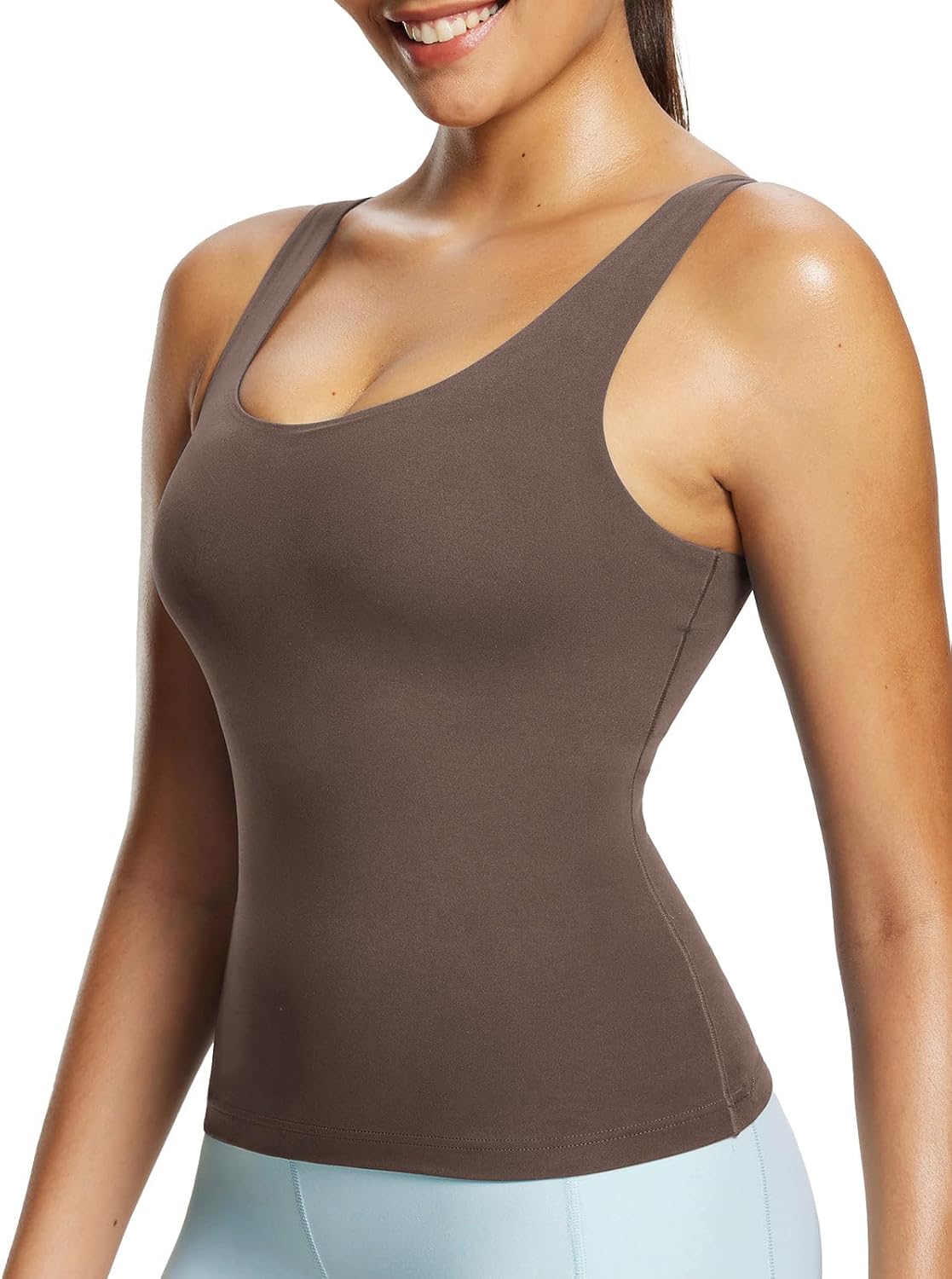 baleaf Freeleaf Longline Sports Bras for Women, Wirefree 3D Molded Cup Tank Tops, Medium Impact Yoga Workout Running Bra Dark Brown L-XL
