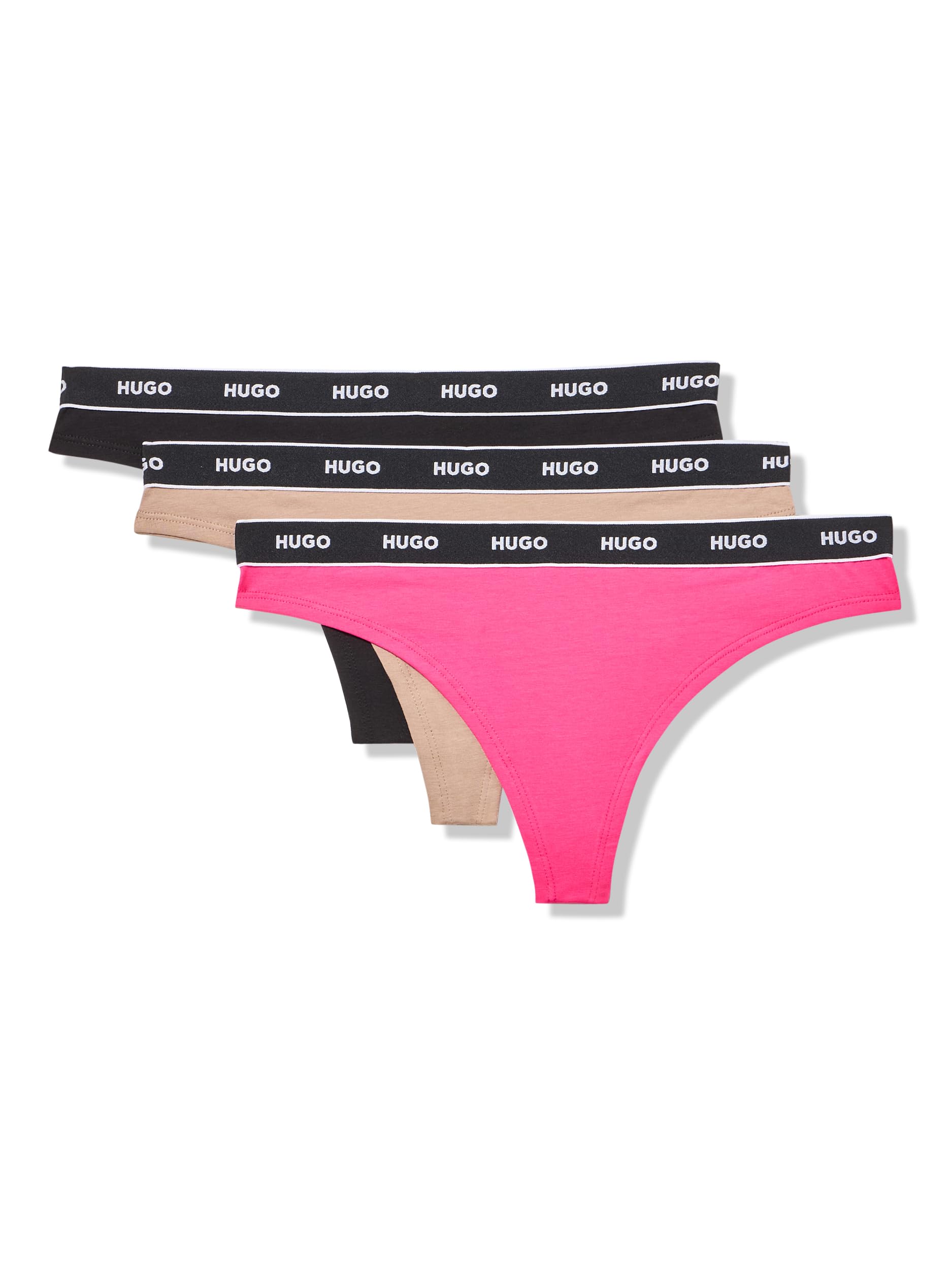HUGO Women's 3-Pack Repeat Logo Cotton Stretch Thongs, Black/Gala Pink/Taupe Grey, M