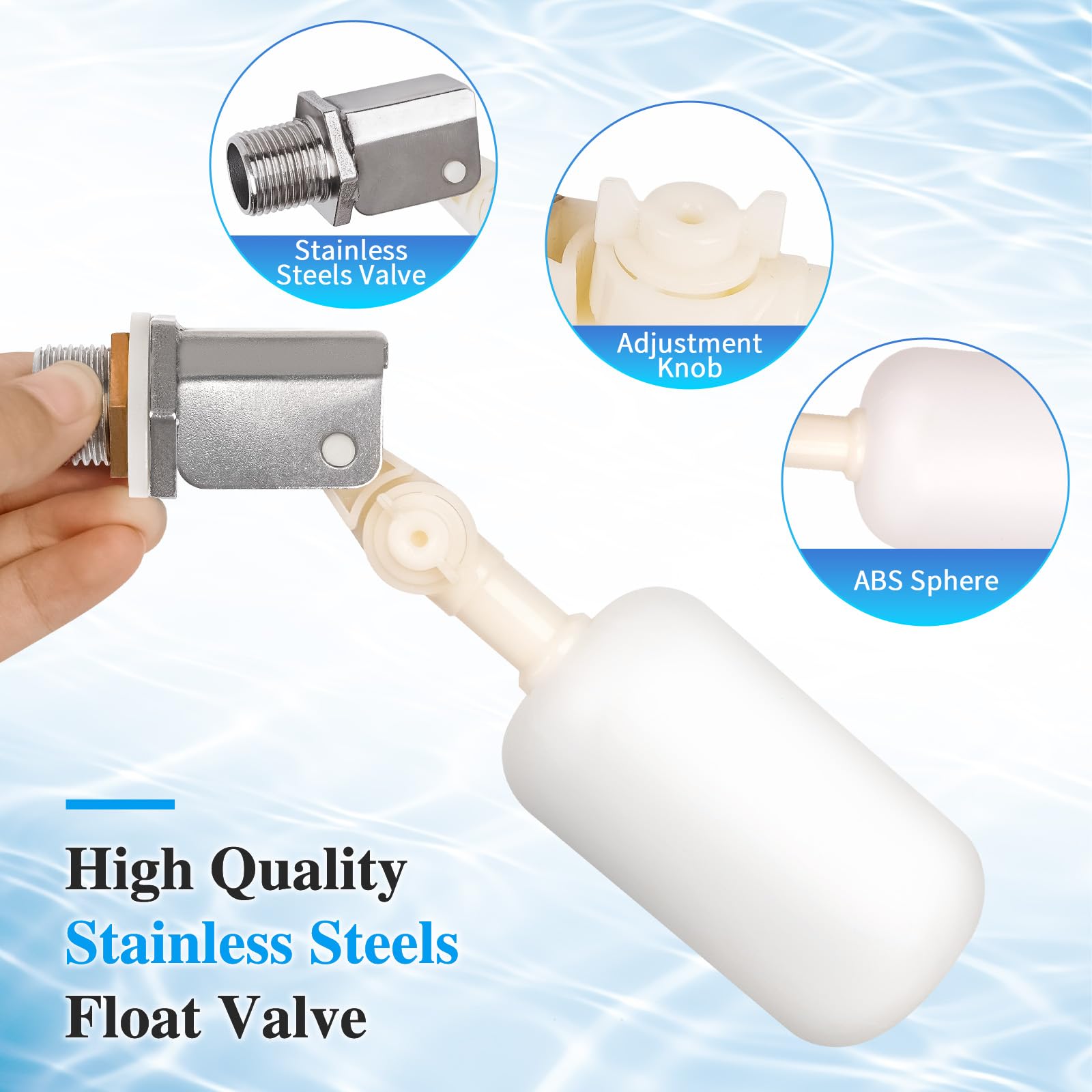 Stainless Steel Float Valve 1/2 Inch With Plastic Ball and Adjustable Arm for Water Trough, Fountains, Ponds, Pool, Aquariums, Animal Waterer Bowl