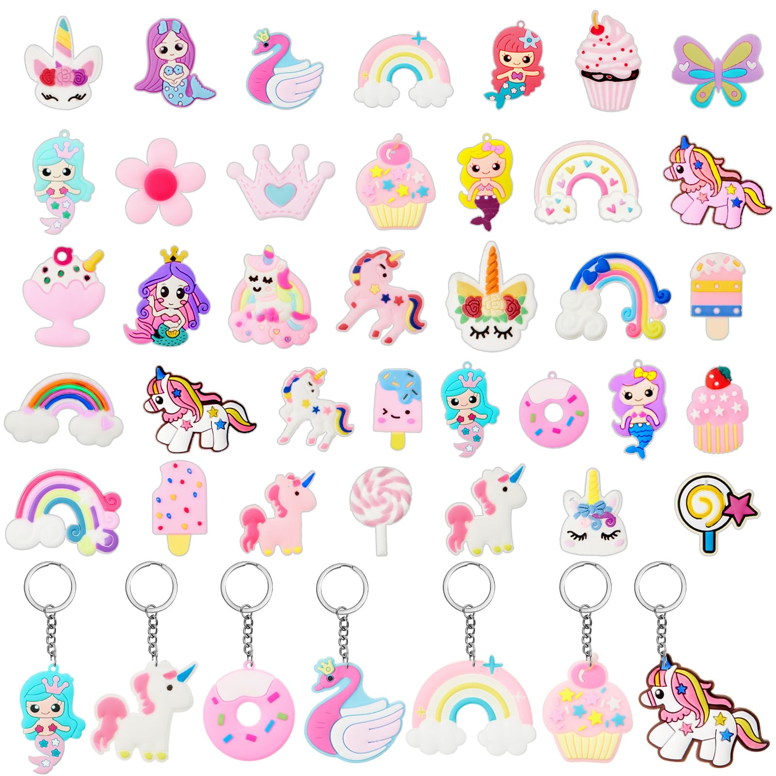 Batiyeer 36 Pack Sweet Valentines Keychains Bulk, Pink Mermaid Unicorn Backpack Rainbow Key Chains, Birthday Party Favor Gifts Goodie Bag Stuffers for