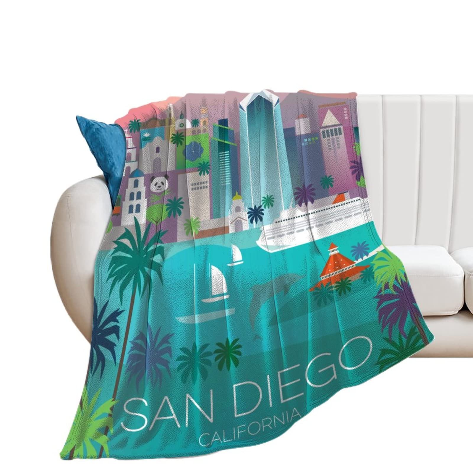 San Diego Travel Poster Blanket Throw Flannel Luxury Couch Comfortable Bed Warm Soft Fluffy Plush Fleece Blankets Living Room Sofa Bedroom Tapestry