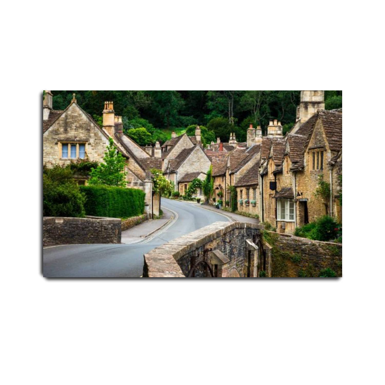 VIUBGCPS Canvas Print Pictures Wall Art Painting Traditional Idyllic English Countryside Village with Cosy Cottages and Framed & Stretched Posters Ready to Hang Home Decor Artworks - 20x32inch