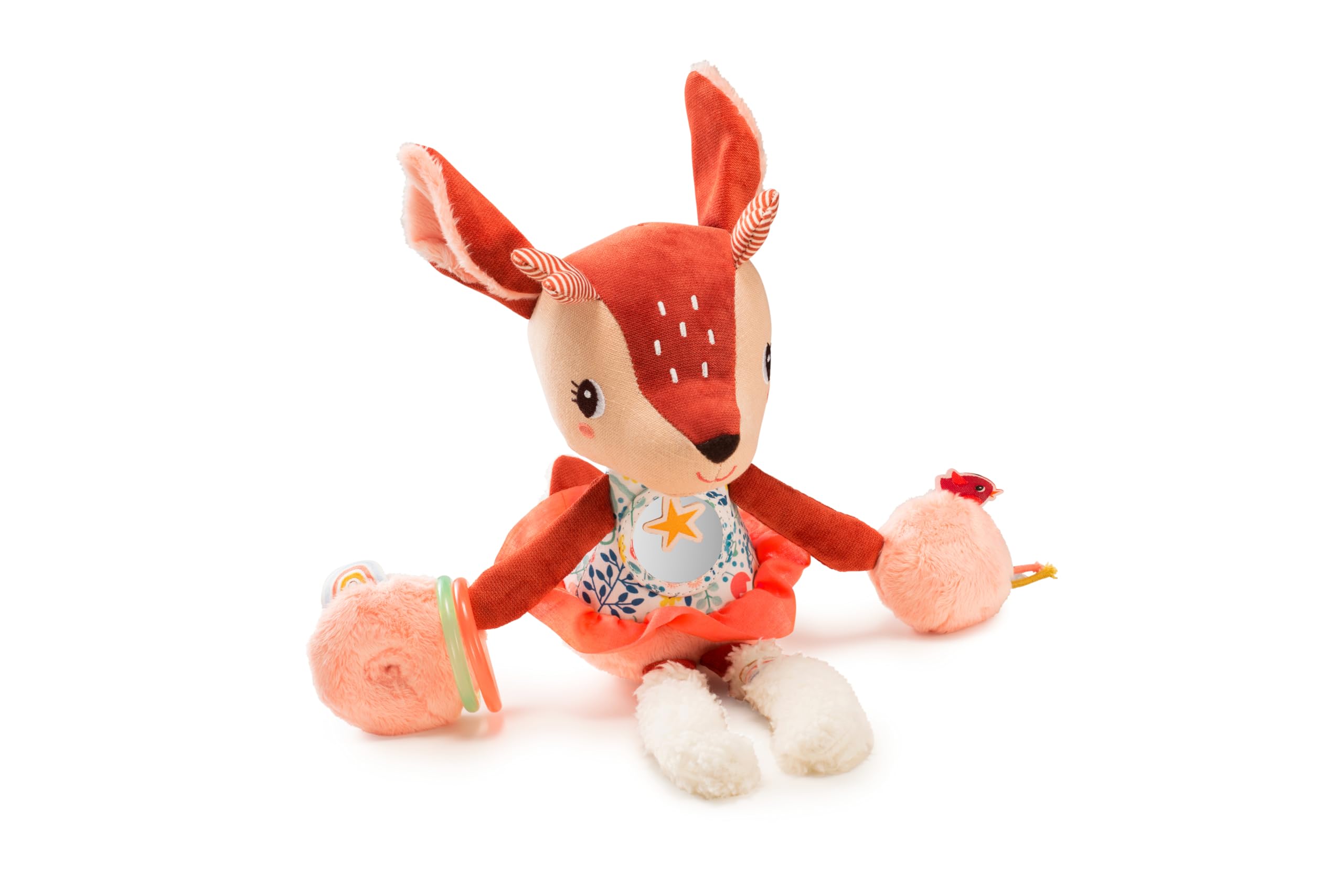 LILLIPUTIENS - Sonaglio attività Stella il Cerbiatto - Peluche interattiva per neonati con specchio, sonaglio e carta frusciante - Stimola i sensi, la motricità e l’immaginazione - Dai 9 mesi - 83300
