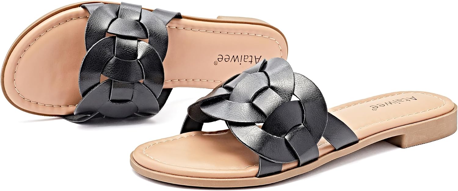 Ataiwee Women's Braided Flat Slide Sandals - Chic Summer Shoes with Round Toe and Cover Strap Detail, Easy Slip-On Design, Rubber Sole Strappy Sandals.