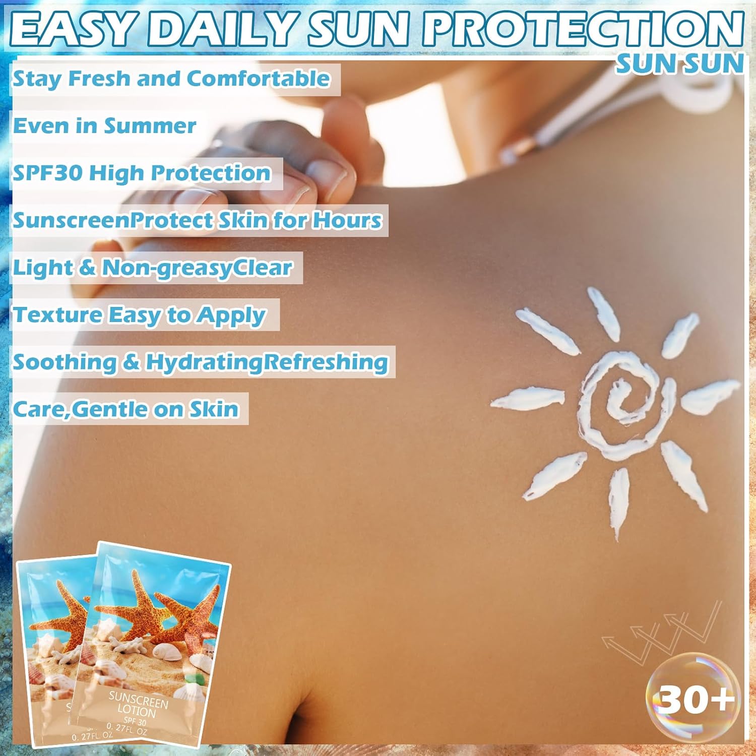 Loopeer 60 Pcs Mini Sunscreen Bulk Travel Size Sunscreen Packet 0.27 Fl. Oz. SPF 30 Water Resistant Mini Sunblock Beach Lotion Pool Summer Vacation Gift for Women Summer Party Wedding(Starfish)
