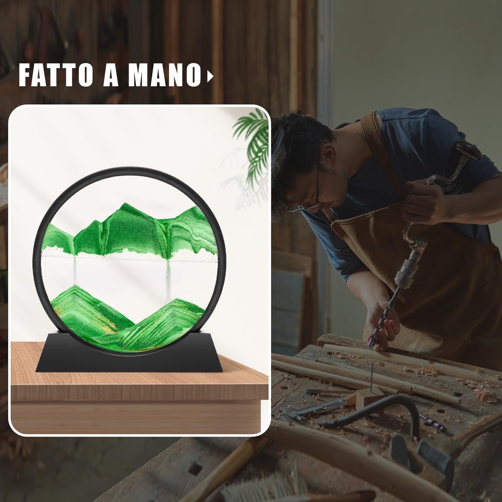 Wai Danie Pittura di Sabbia Che Scorre Quadro Sabbia Movimento sabbia dinamica 3d Hourglass Deep sea Sandscape Display Decorazioni per la Casa e l'ufficio Giocattoli da Scrivania per Adulti (verde 12”