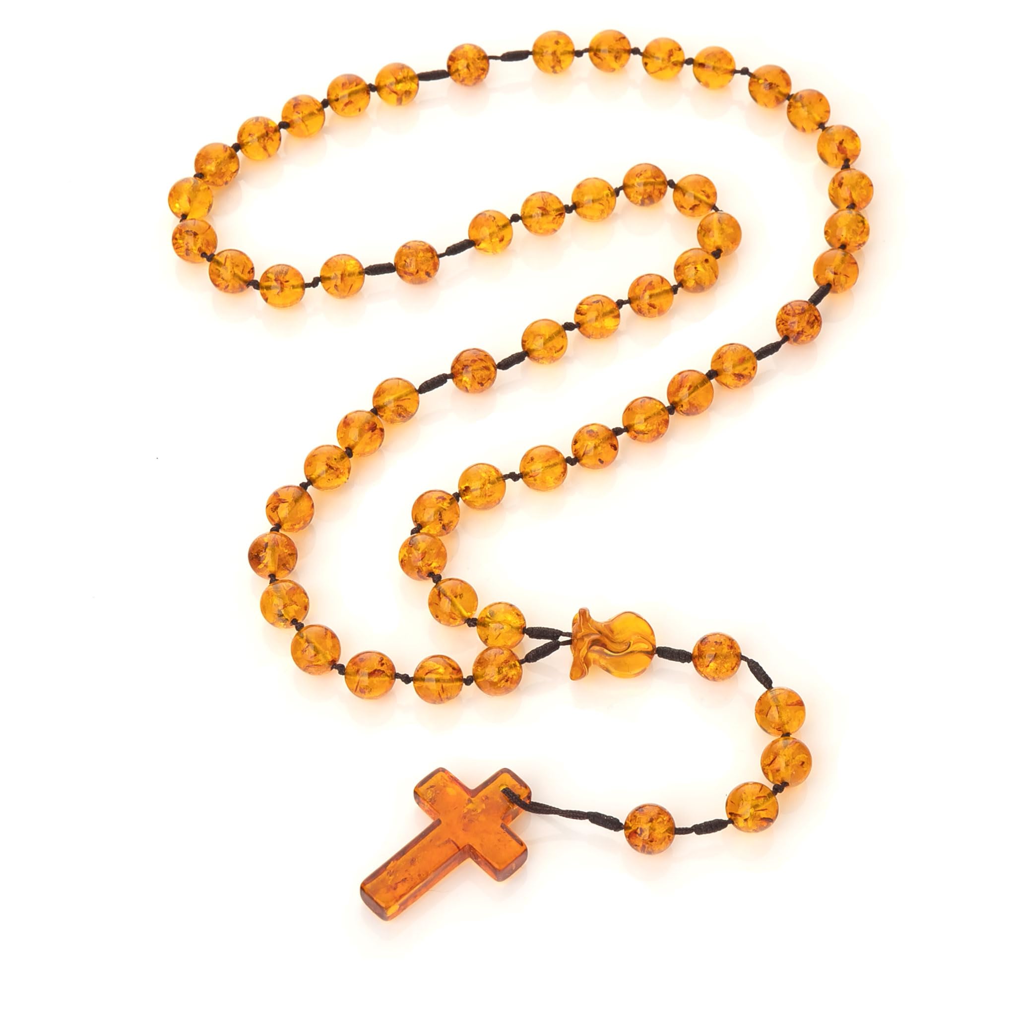 Collar hecho a mano – Rosario de ámbar báltico – Conector en forma de rosa – Regalo ideal para católicos o cristianos.