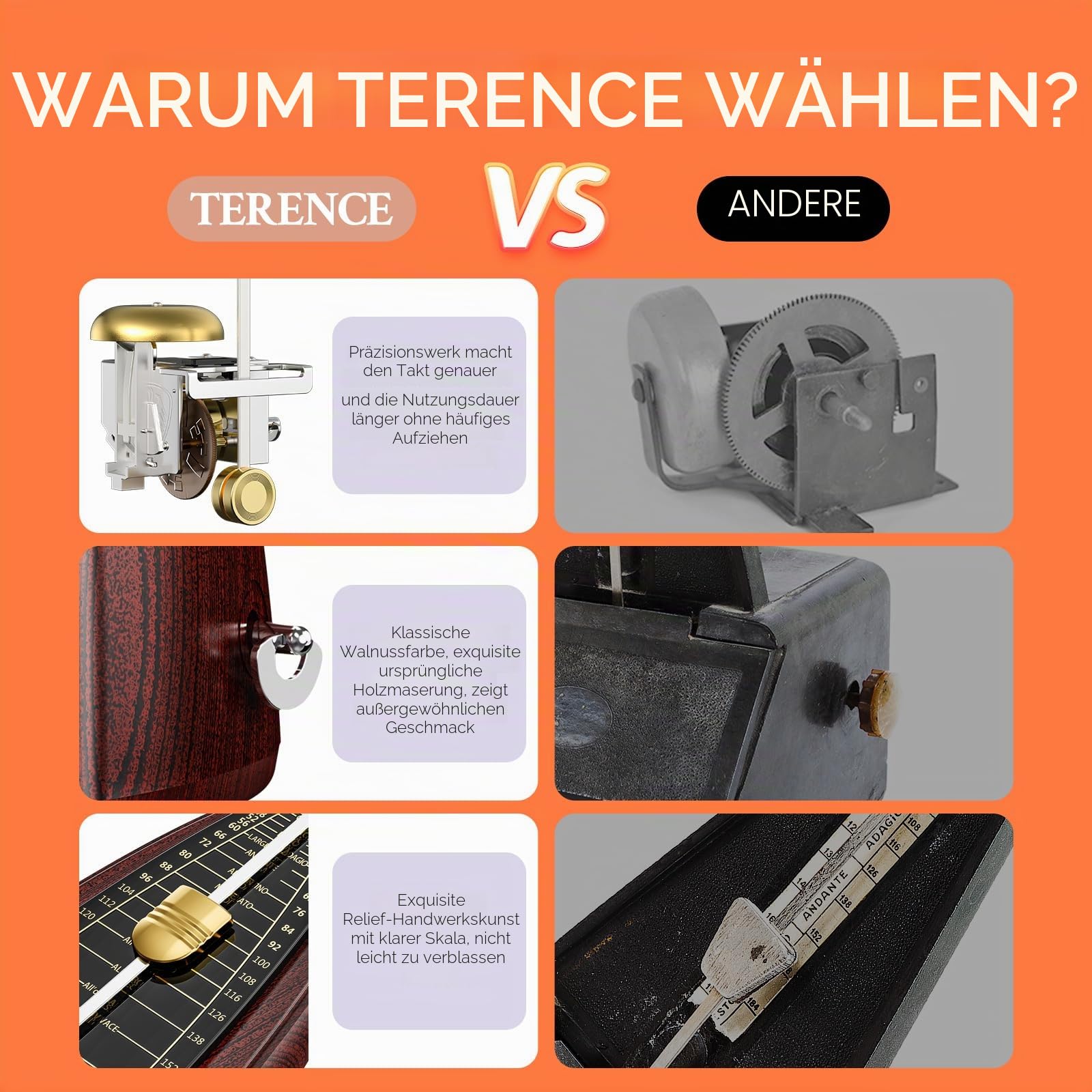TERENCE Mechanisches Metronom für Klavier Gitarre Bass Violine mit hoher Präzision Traditionelle Pyramide Holzfarbe