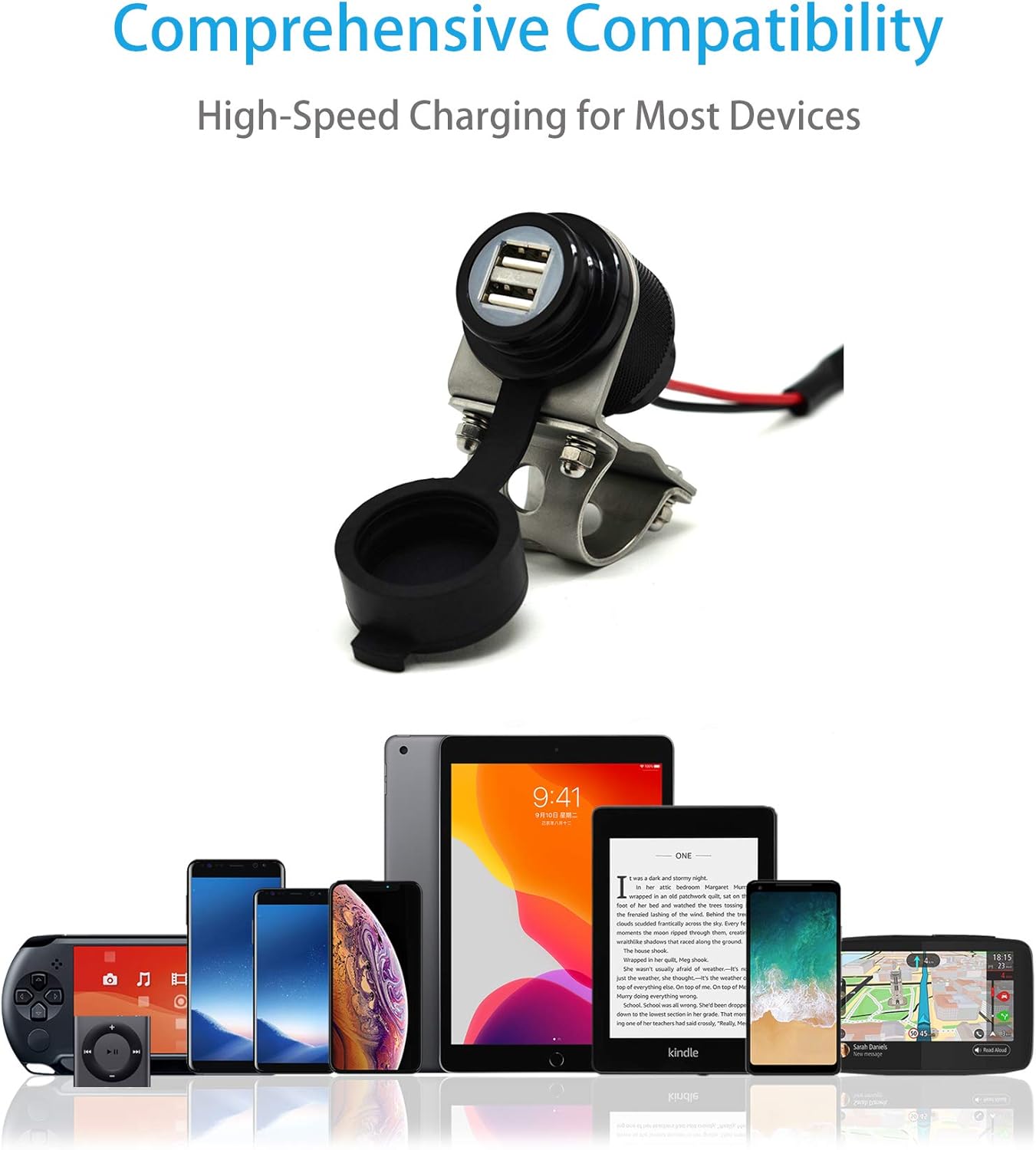 Cliff Top Motorcycle USB Charger Waterproof Dual USB Port 4.6A 23W Aluminium, Heavy Duty for 7/8’’ and 1’’ Handlebars - Prevents Battery Drain (Black)