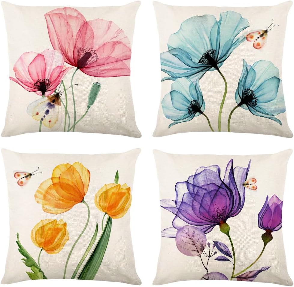 Flower Decorative Throw Pillow Covers 18x18 Inch Watercolor Floral Farmhouse Cushion Cover 4 Pcs Pink Yellow Purple Blue Tulip Pillow Case for Couch Sofa Home Decor