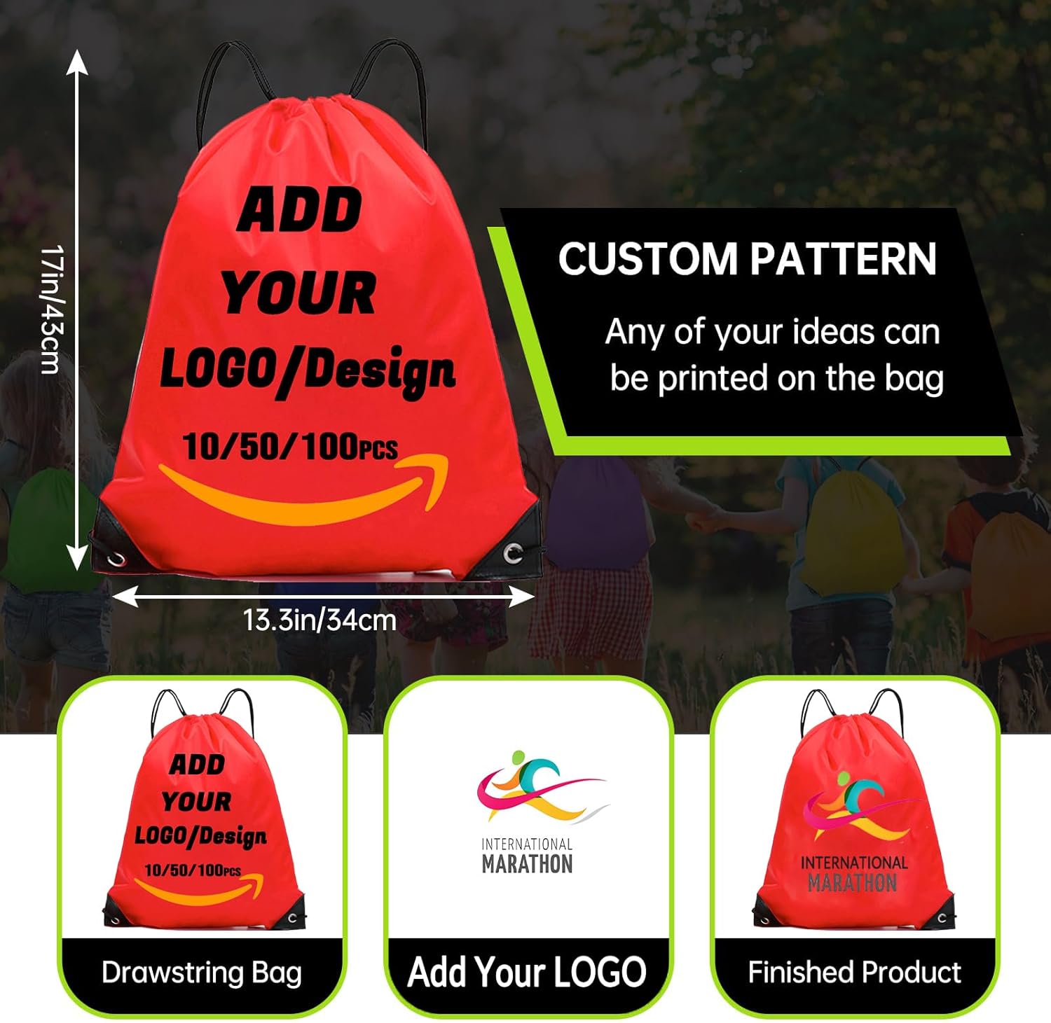 Custom Drawstring Backpack 10/50/100/200 Pcs Personalized Bulk Sport Draw String Bags with Logo, Text, Design, Customized Promotional Items Red
