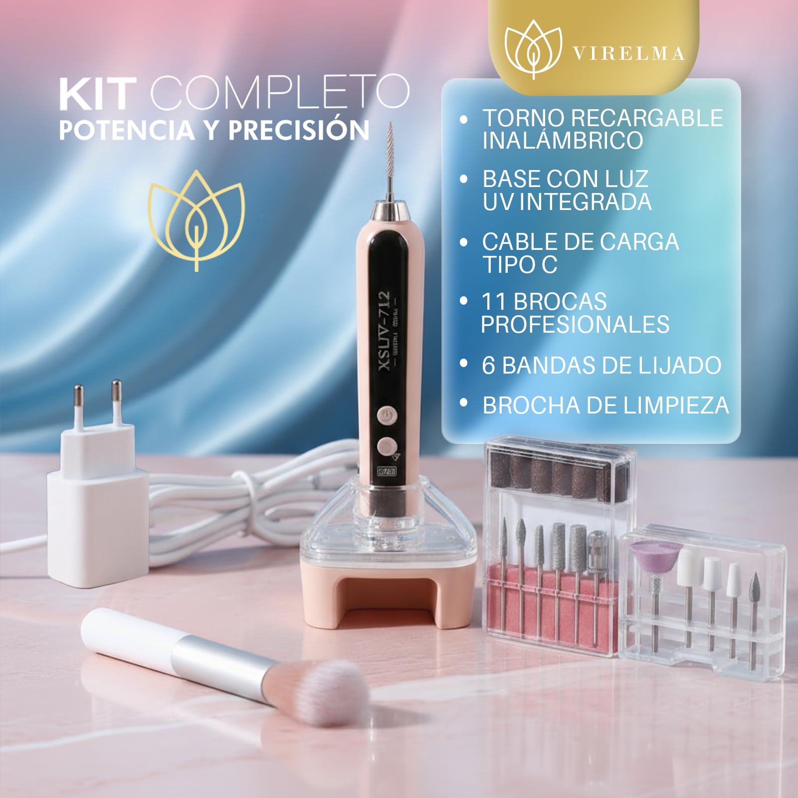 Torno para Uñas Profesional Inalambrico 25000RPM – Lima Eléctrica con Luz UV, Base antideslizante y Pantalla LED | Recargable y portatil para Manicura y Pedicura en Casa o Viajes