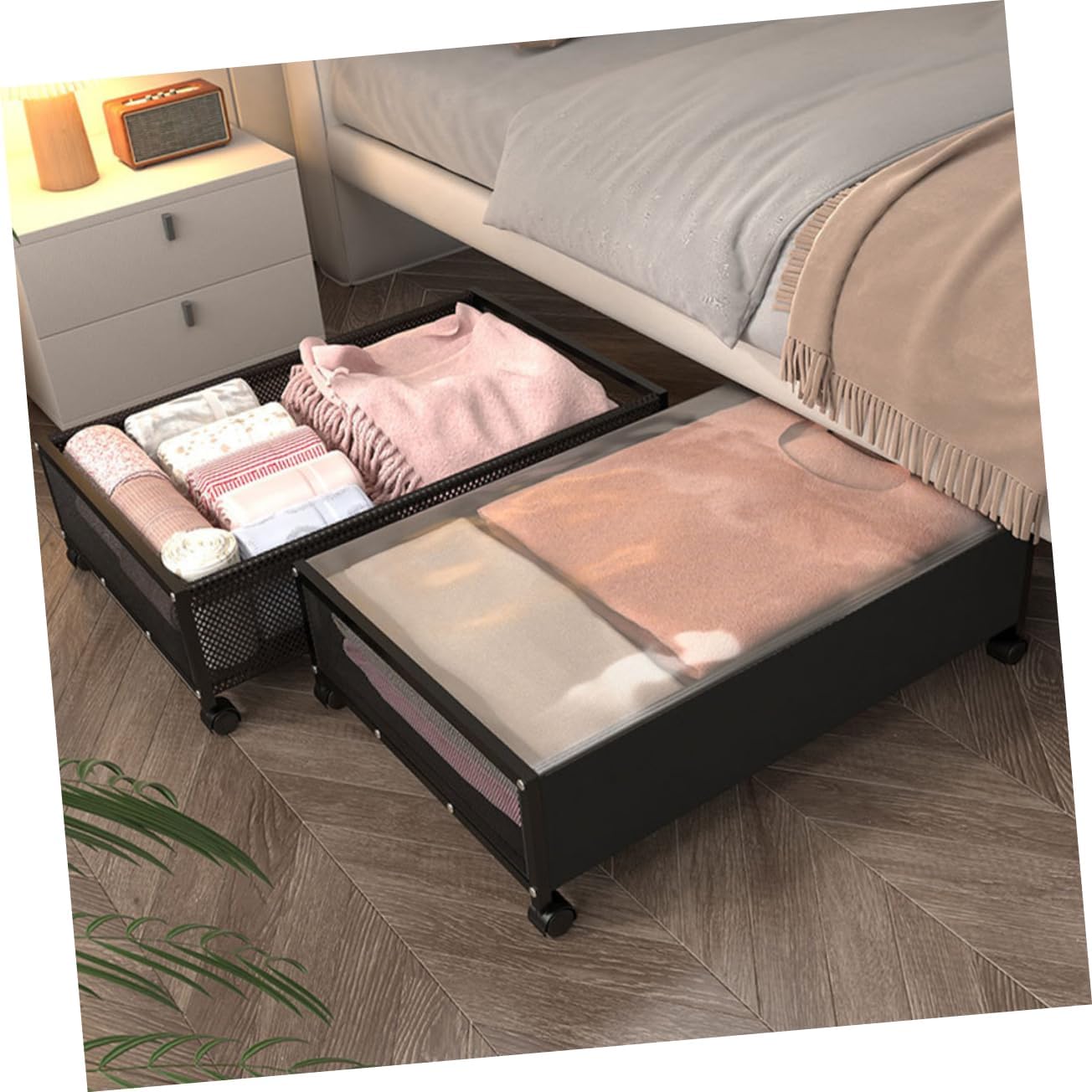 Mobestech Bed Storage Box Wheels Multifunctional Storage Organizer for Clothes Toys and Books Black Lid Dustproof and Space-Saving Design