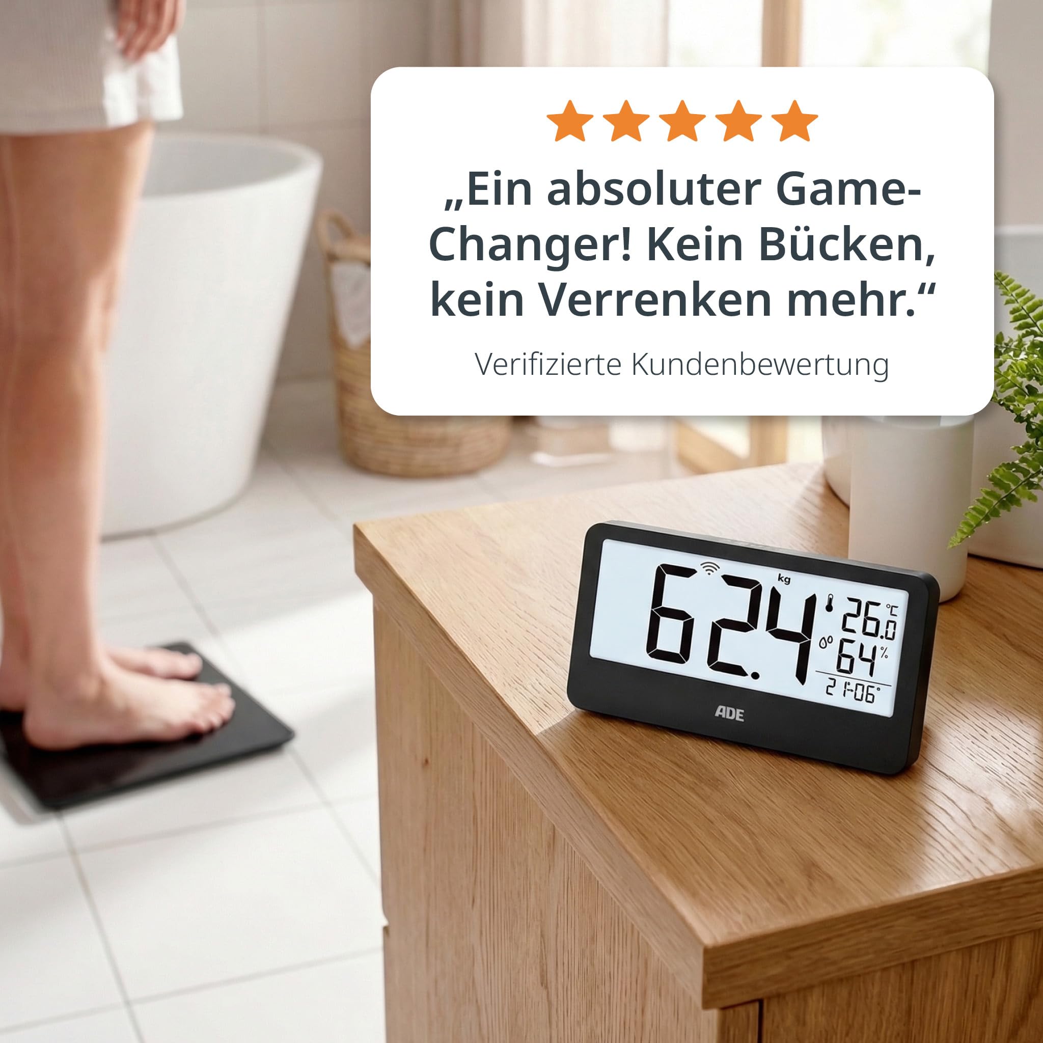 ADE Digitale Personenwaage Ronja mit Funk-Display bis 180 kg | ohne Bücken auf Augenhöhe ablesen | ideale Körperwaage für Senioren | mit Baduhr, Hygrometer, Innenthermometer | schwarz