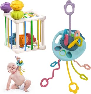 2 Pack Montessori Toys for babies, Pull String Toys for Fine Motor Skills, BPA Free Shape Sorter toys for Babies 6-12 months, Easter Birthday Gifts for Kids 0~5 YEARS, Color Shape Bin Sensory Toys