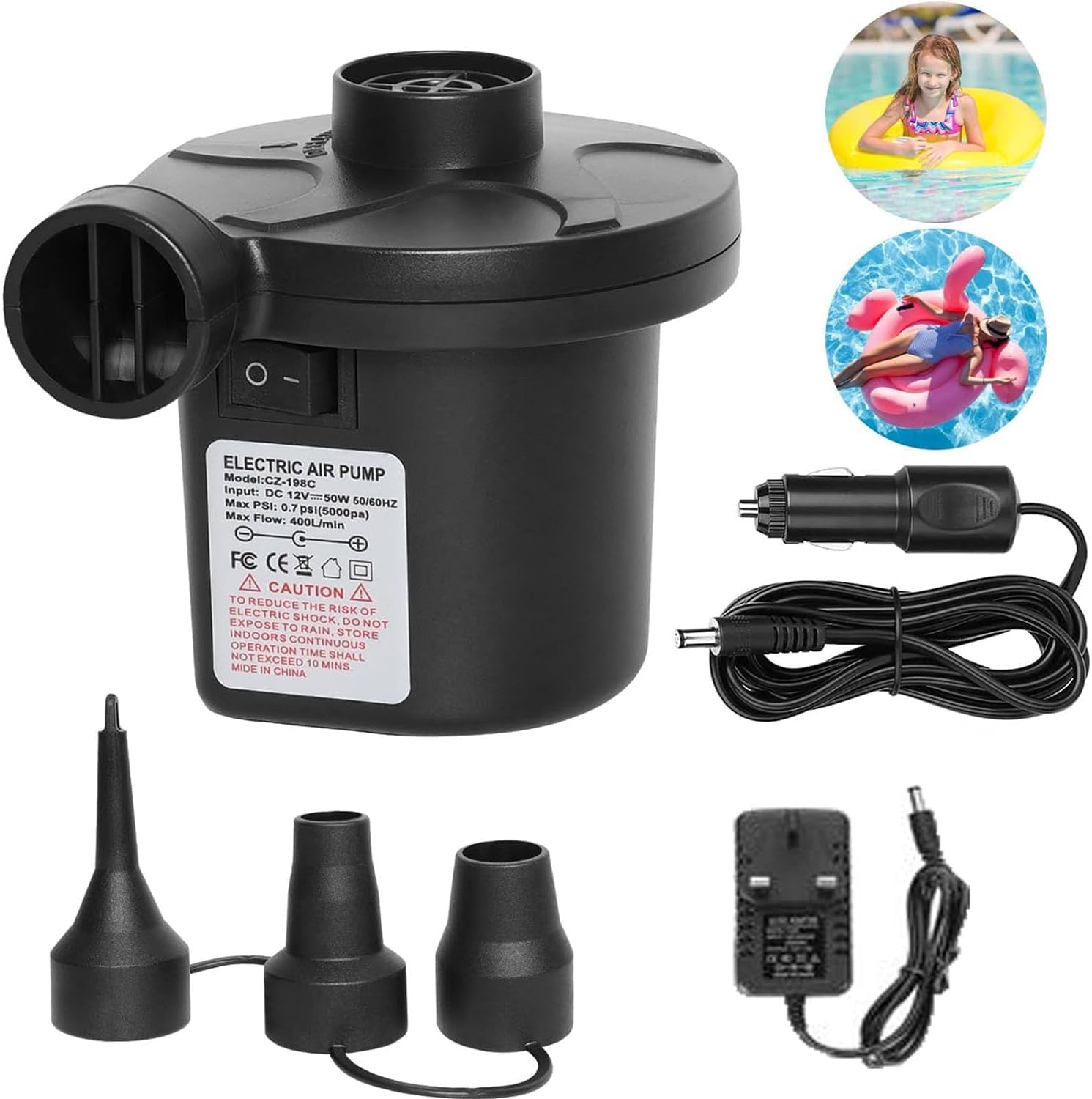 halamodo Electric Air Pump,110V AC/12V DC, 5000PA 50W Portable Quick-Fill,Inflator/Deflator Pumps with 3 Nozzles,for Outdoor Camping, Swimming Ring,Inflatable Cushions,Air Mattress Beds