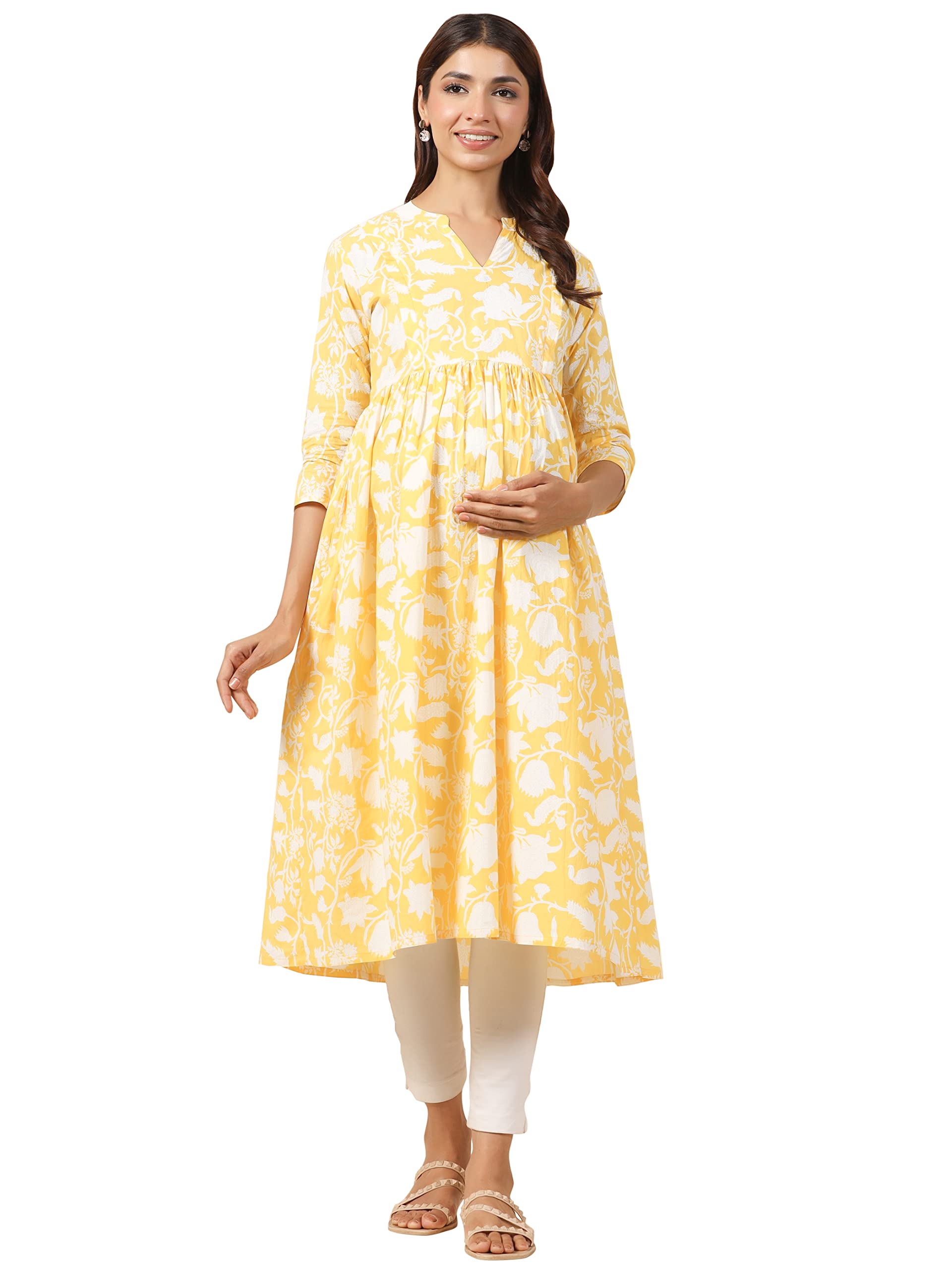 Pre & Post Maternity/Nursing Wear Hand Printed Kurta/Kurti Cum Midi Dress/Nighty with Both Sides Zipper for Easy Feeding for to Be Moms & Nursing Mothers Cotton Yellow White-image-27