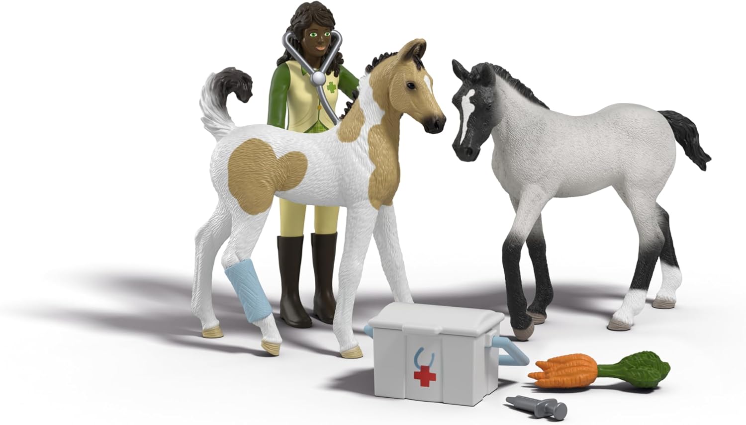 Schleich Horse Club – 7 PC Horse Vet First Aid Kit Playset with 2 Foal Figures, Posable Sarah Figurine and Accessories – Farm Animal Veterinarian Set for Girls and Boys – Toys for Kids Ages 5+ | 42777