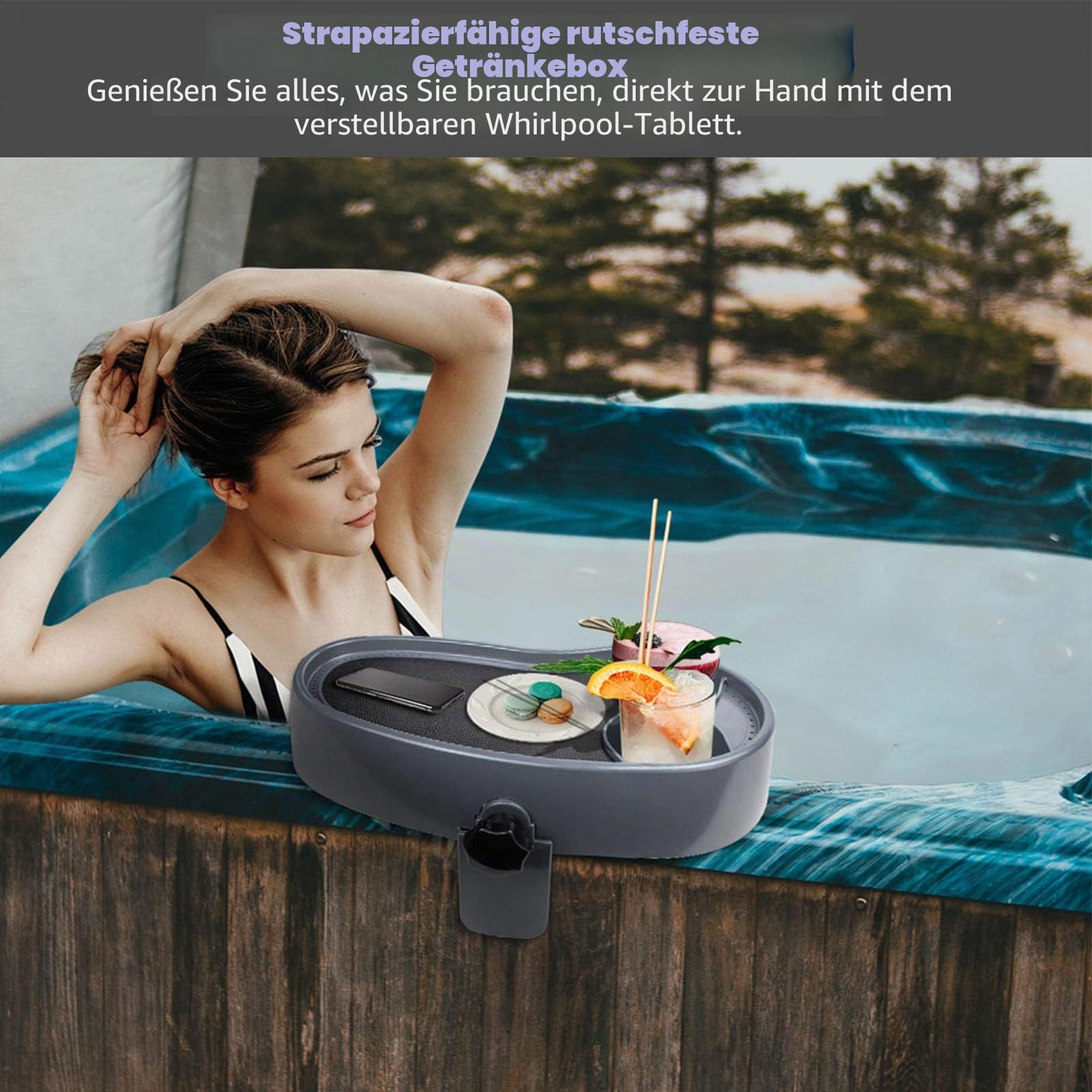 Badefass-Tablett, Rutschfestes, Verstellbares Badewannen-Serviertablett, Badefass-Tisch, Getränkehalter, Spa-Tablett, Becherhalter für Oberirdische Badewanne, Spa, Badefass