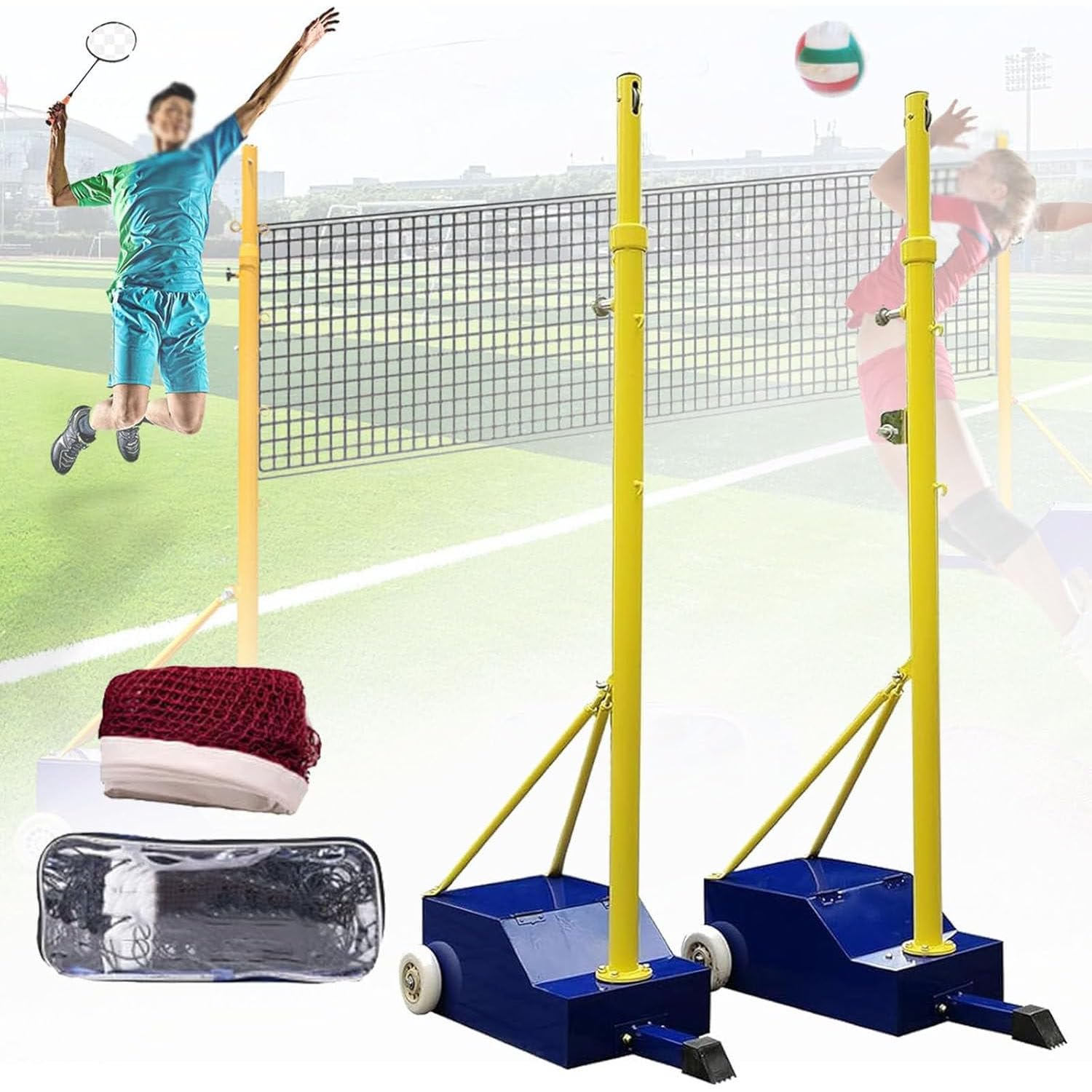 UORDBY 2-in-1 Volleyball Net Stand with Badminton Net, Height Adjustable (5.1-6.89ft) Heavy Duty Portable Poles, Wheels for Easy Movement, Indoor Outdoor Sports Set