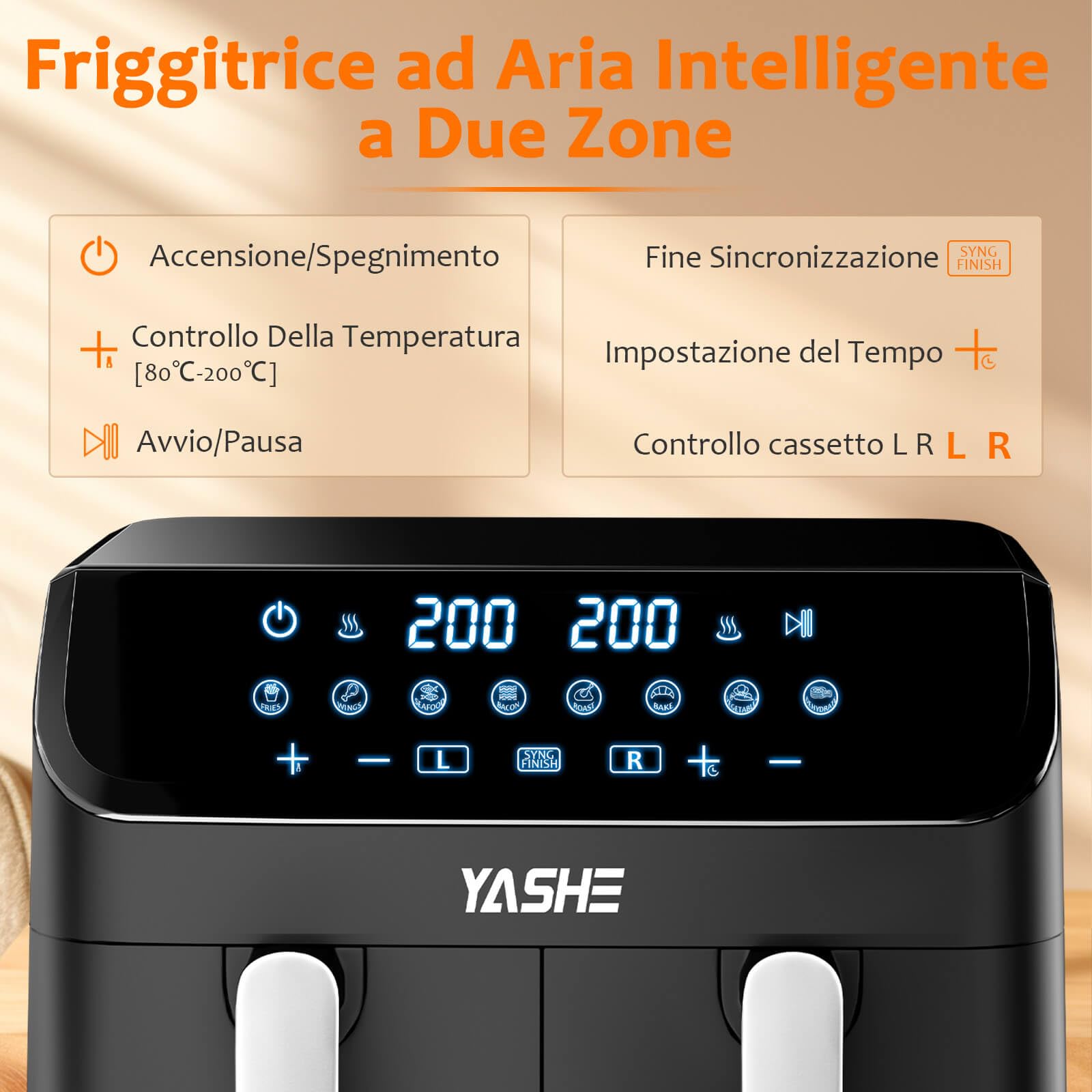 YASHE Friggitrice ad Aria Doppio Cestello, 9L XXL Capacità Friggitrice Aria con 2 Cestelli Separati, 8 in 1 Programmi di Cottura, Touchscreen LED, Cottura Sana, Veloce e Versatile Air Fryer