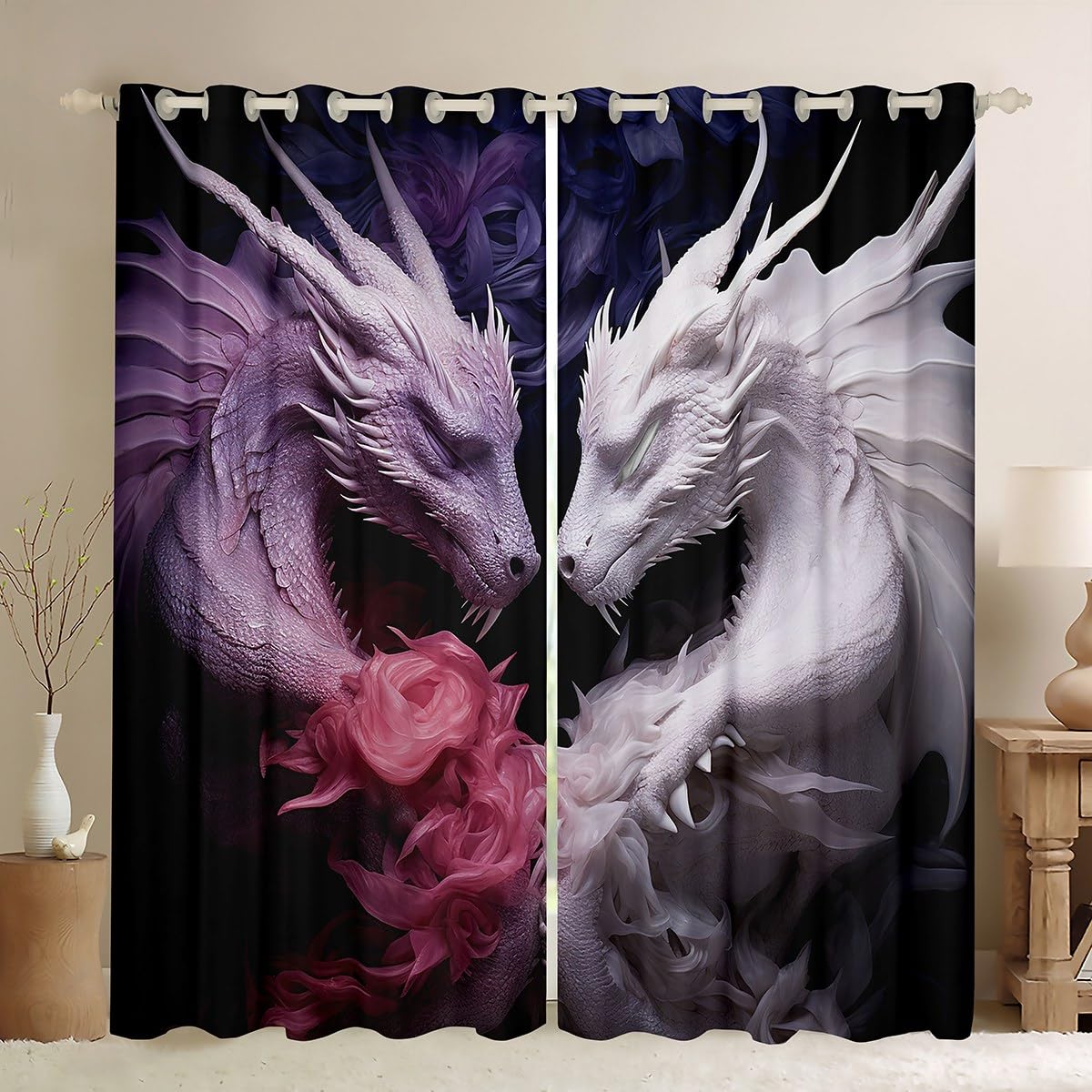 feelingyou Dragon Pattern Window Curtains Teens Adult Women,Purple White Dragon Curtains for Bedroom,Couple Dragon Draperies for Living Room,Flowers Window Treatment Curtains Set of 2 Panels,66Wx72L