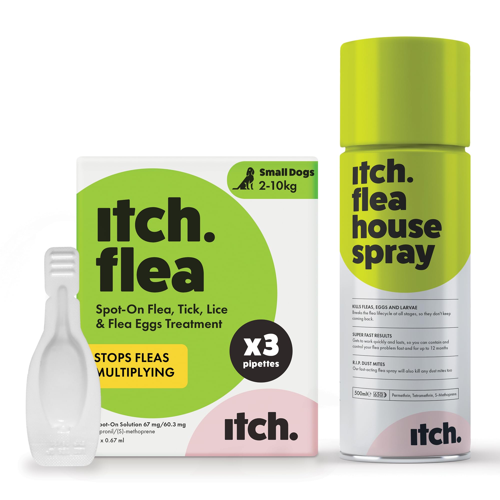 Itch - Flea & Tick Treatment for Small Dogs & Household Flea Spray - Kills Fleas, Lice, Ticks, Eggs and Larvae - With Fipronil and S-Methoprene - Odourless 500ml Spray & Pack of 3 Pipettes