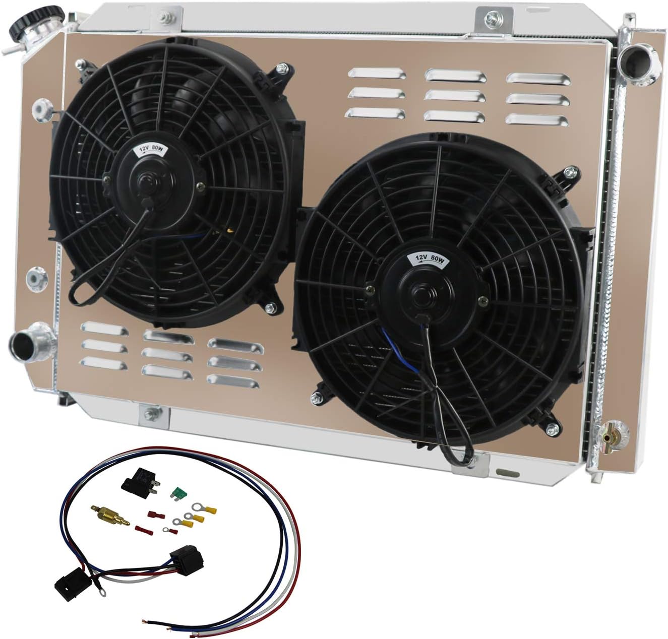 ALLOYWORKS 4 Row All Aluminum Radiator + Shroud Fan + Relay for 1979-1993 Ford Mustang, Mercury Cougar, 1987 1988 1989 1990 Marquis