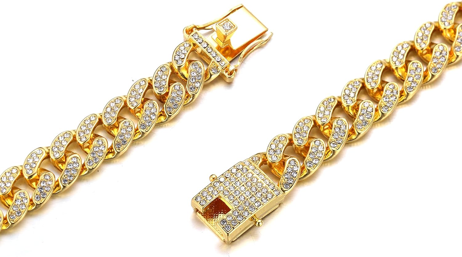 Gold Chain for Men Guys 14MM Wide Cuban Link Silver Tone Iced Out Real...  - Bild 11 von 55